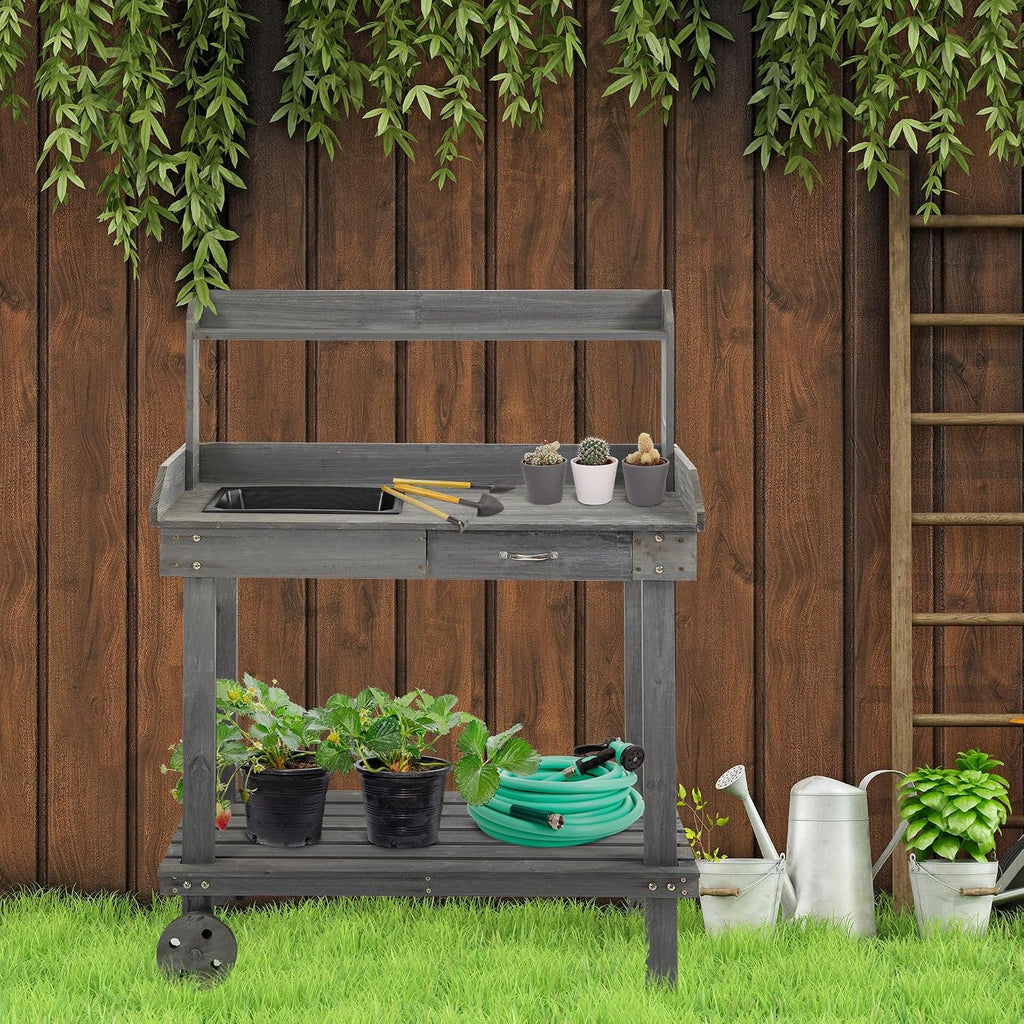 30x24x36in All-Round Potting Bench with Casters Stainless Steel Sink Roller Drawer Storage Compartment Solid Oak Beige Gray