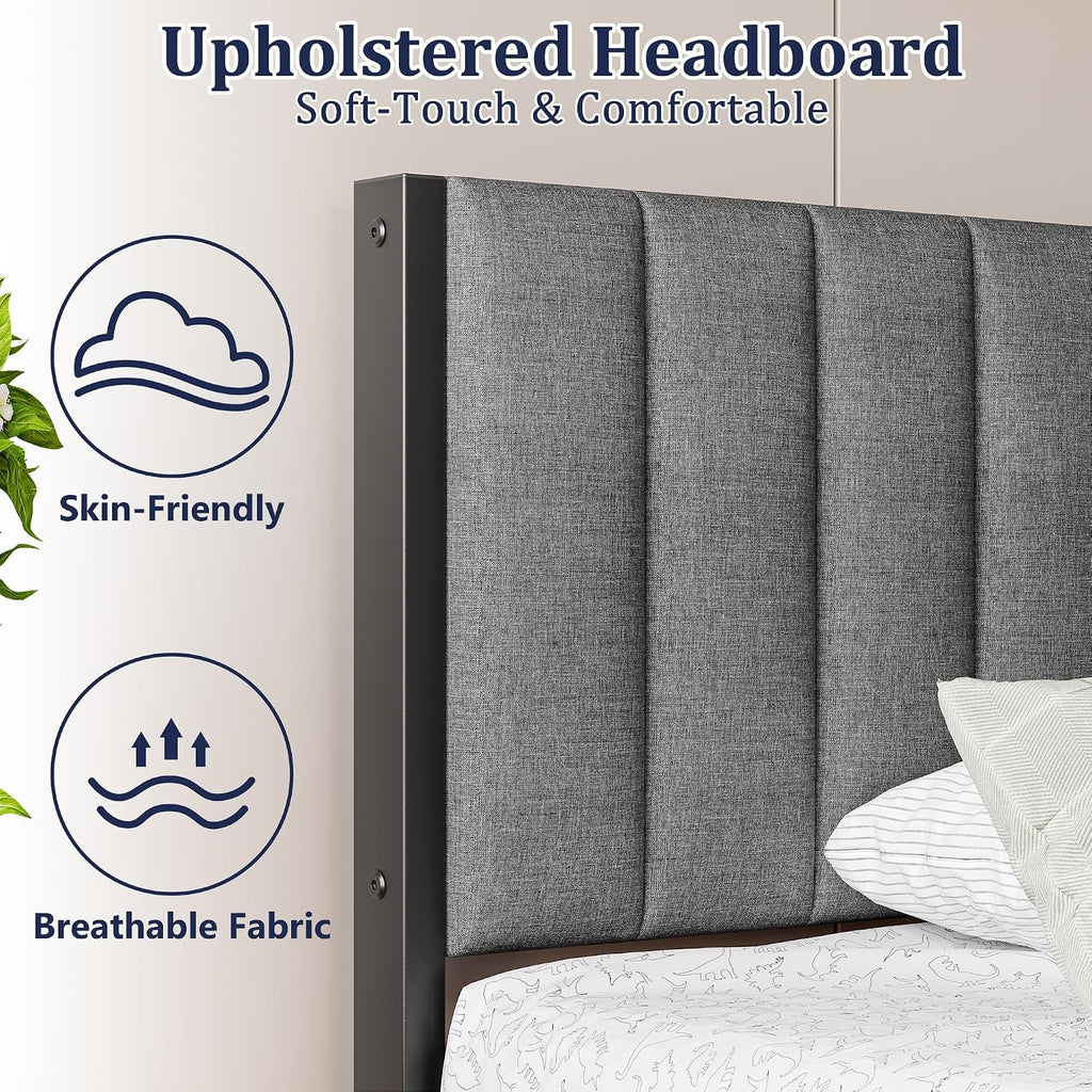 Floating Twin Bed Frame with LED Lights & USB Charging Station,Metal Platform Bed with Strong Slats Support,Floating Bed Frame Twin Size with Upholstered Headboard,Easy Assembly,Noise Free,Gray