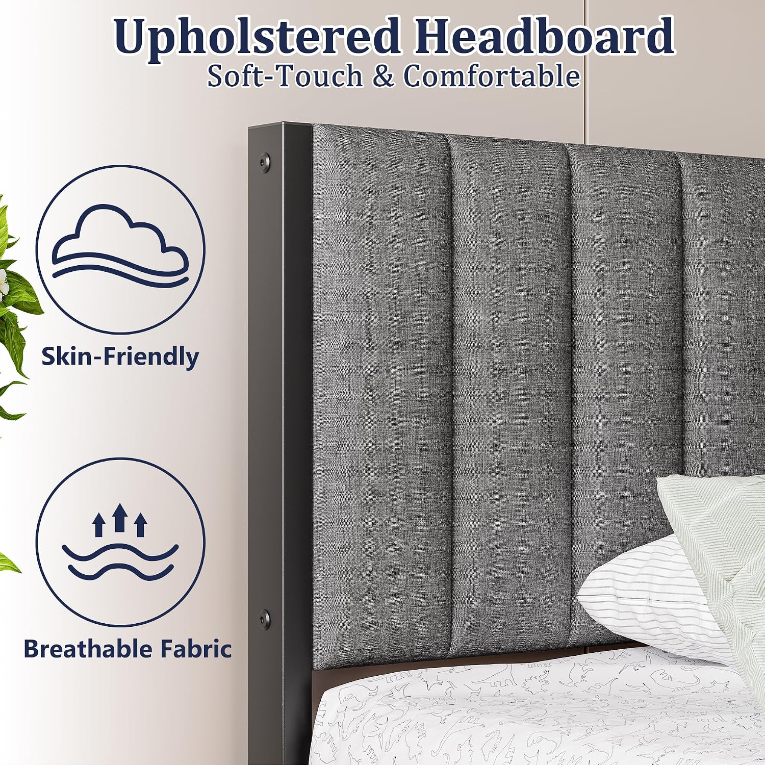 Floating Twin Bed Frame with LED Lights & USB Charging Station,Metal Platform Bed with Strong Slats Support,Floating Bed Frame Twin Size with Upholstered Headboard,Easy Assembly,Noise Free,Gray