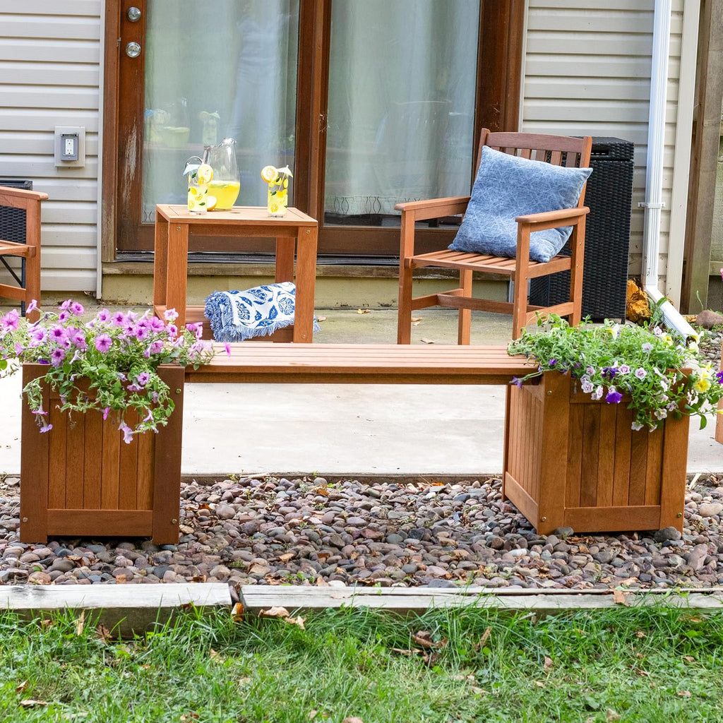 Sunnydaze 68-Inch Meranti Wood Outdoor Planter Box Bench with Teak Oil Finish