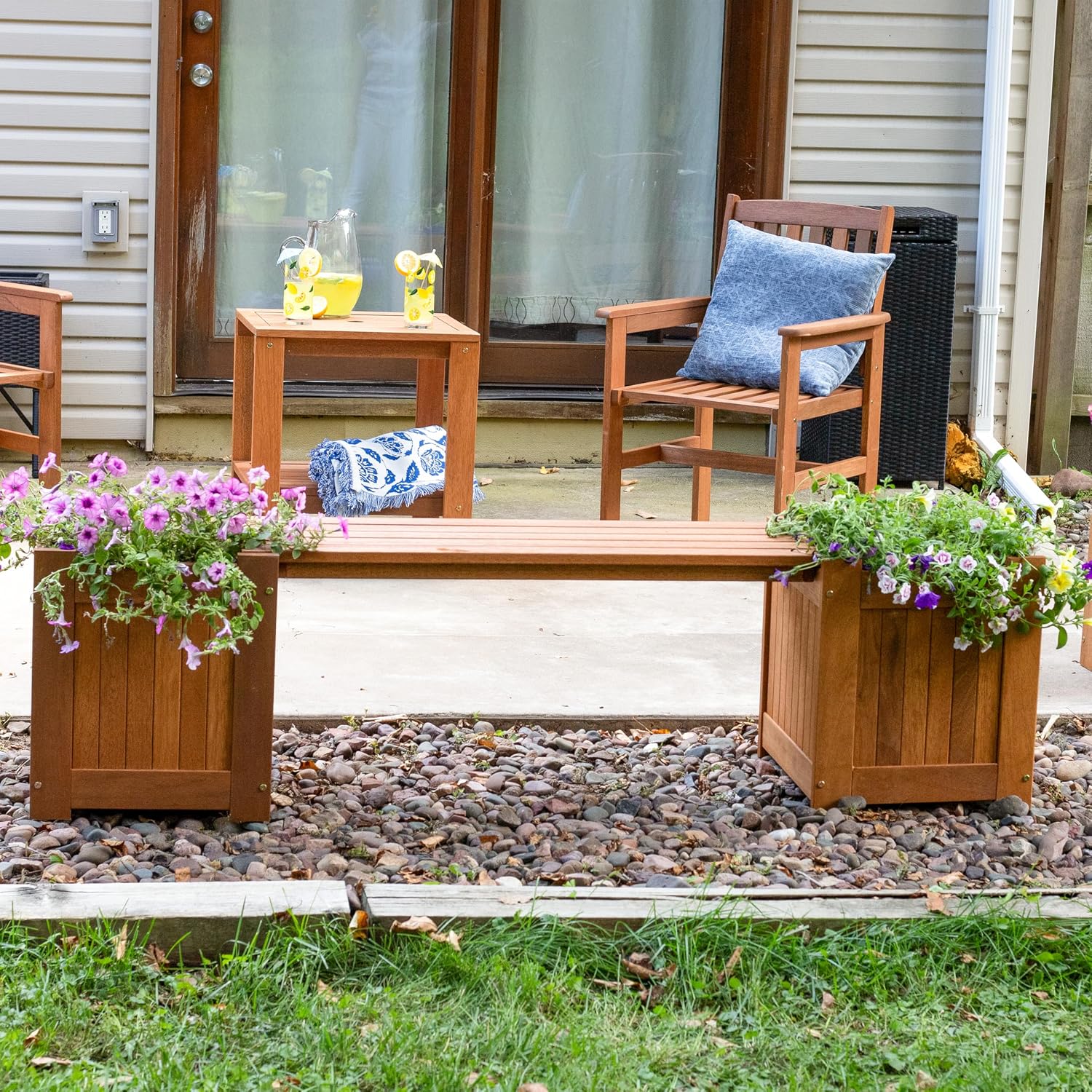Sunnydaze 68-Inch Meranti Wood Outdoor Planter Box Bench with Teak Oil Finish