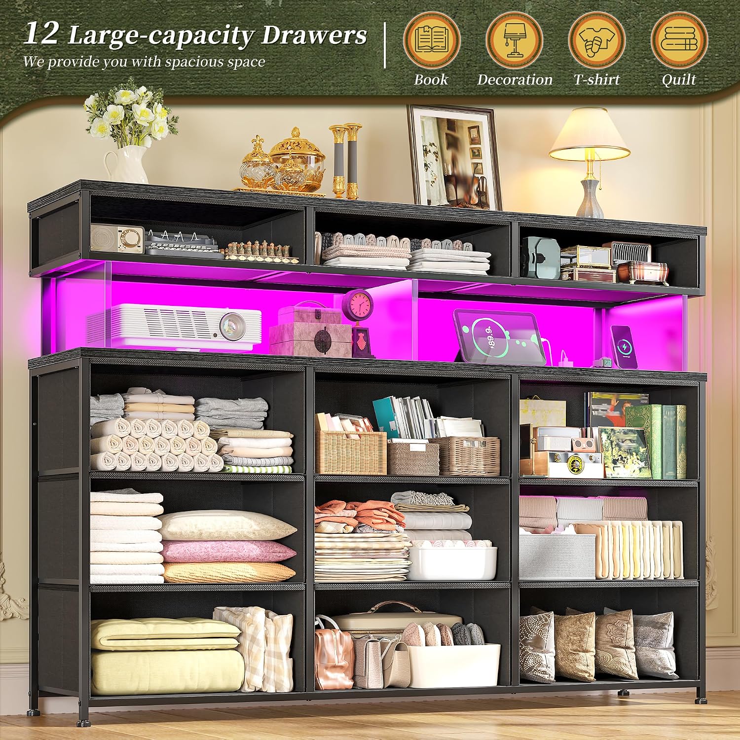 Romorgniz Black Dresser for Bedroom with Charging Station and LED Lights, Fabric Dressers & Chest of Drawers, Dresser TV Stands for Living Room, Open Shelves, 10MM Thick Acrylic Sheet