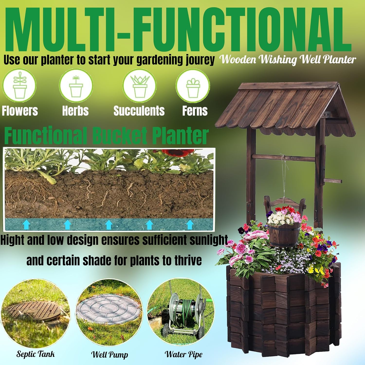 NestNature 25.56' Carbonized Wooden Wishing Well Planter for Outside, Rustic Outdoor Wishing Well with 4 Reinforced Rods & Hanging Bucket, Decorative Well Cover for Yard Garden Patio Lawn Backyard