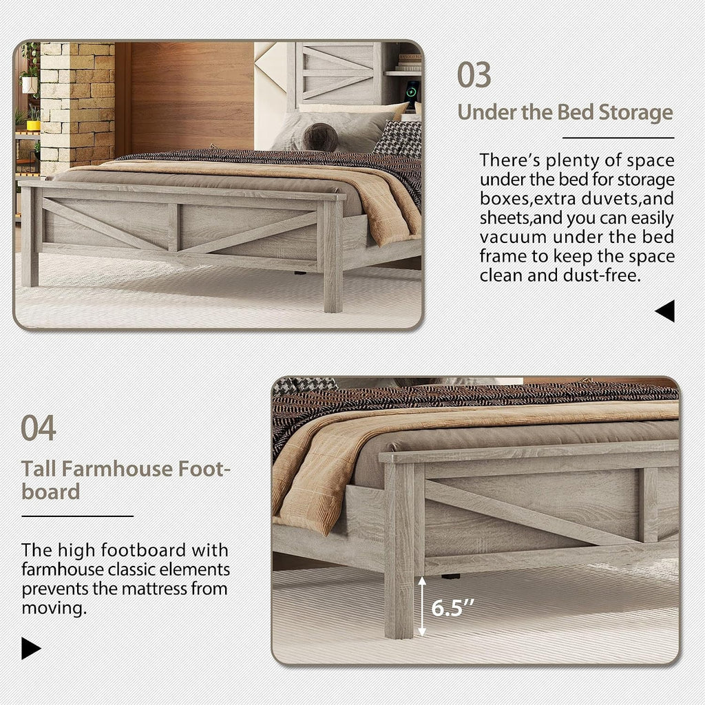 Polibi 3-Pieces Bedroom Sets Queen Size Platform Bed with Double Sliding Door Charging Headboard, Socket & USB, Includes Bedside Table and Dresser, Antique Gray