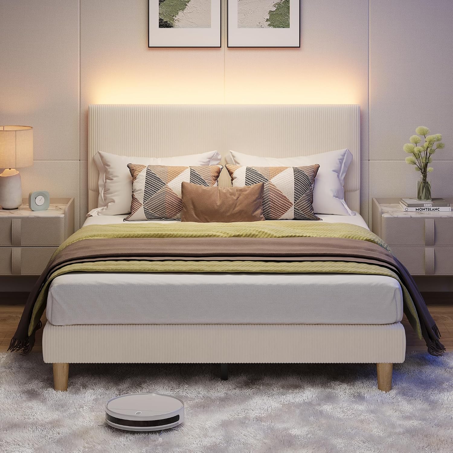 Bestier Queen Bed Frame with Headboard,Platform Queen Size Bed Frame with LED Lighting,Bed Frame Wooden Slats Support,No Box Spring Needed,Never Squeaks, Easy Assembly,Beige
