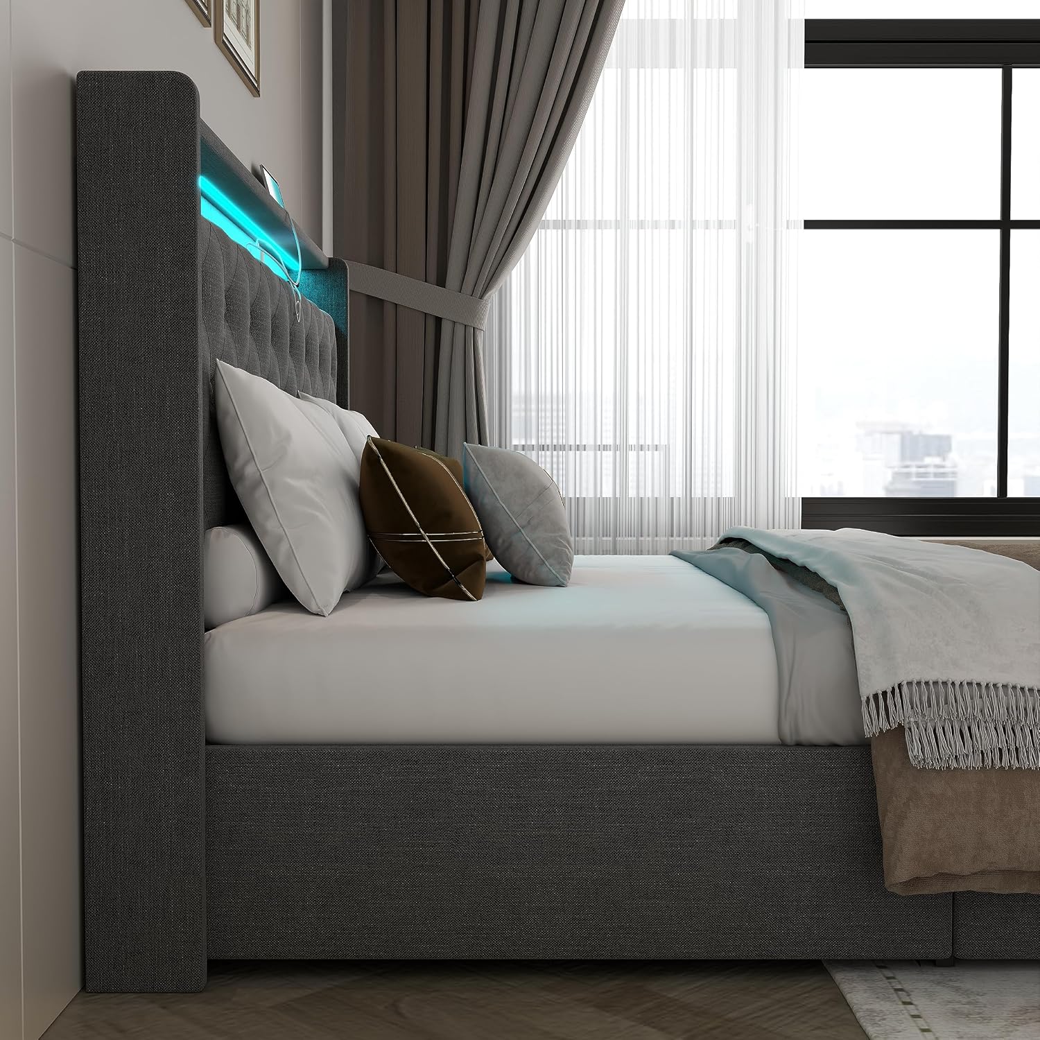 Loomie Full Lift Up Bed Frame with Charging Station & LED Lights, Upholstered Bed with Button Tufted Wingback Storage Headboard, Hydraulic Storage, No Box Spring Needed, Wood Slats Support,Dark Grey