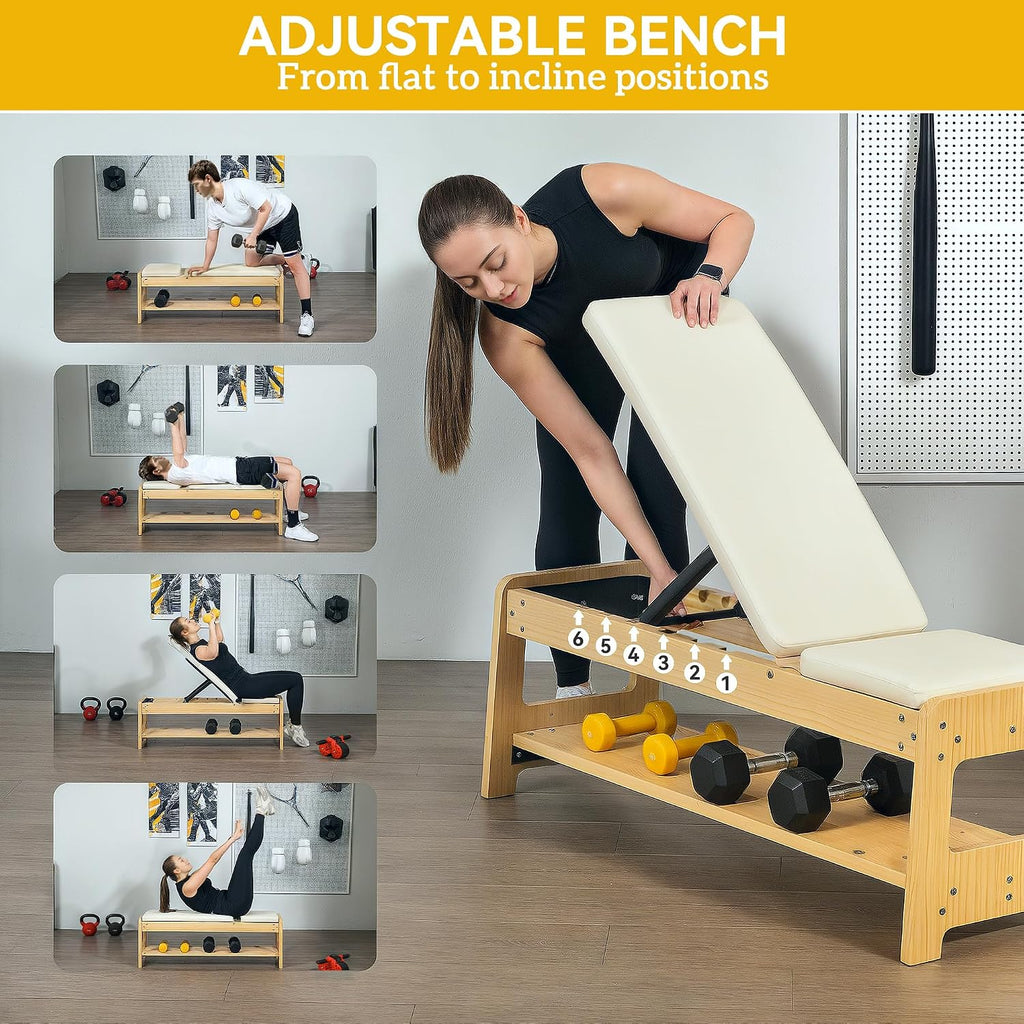 Soozier Adjustable Weight Bench with Dumbbell Rack, Wooden Workout Bench, Flat or Incline Bench for Home Gym Weight Lifting Training
