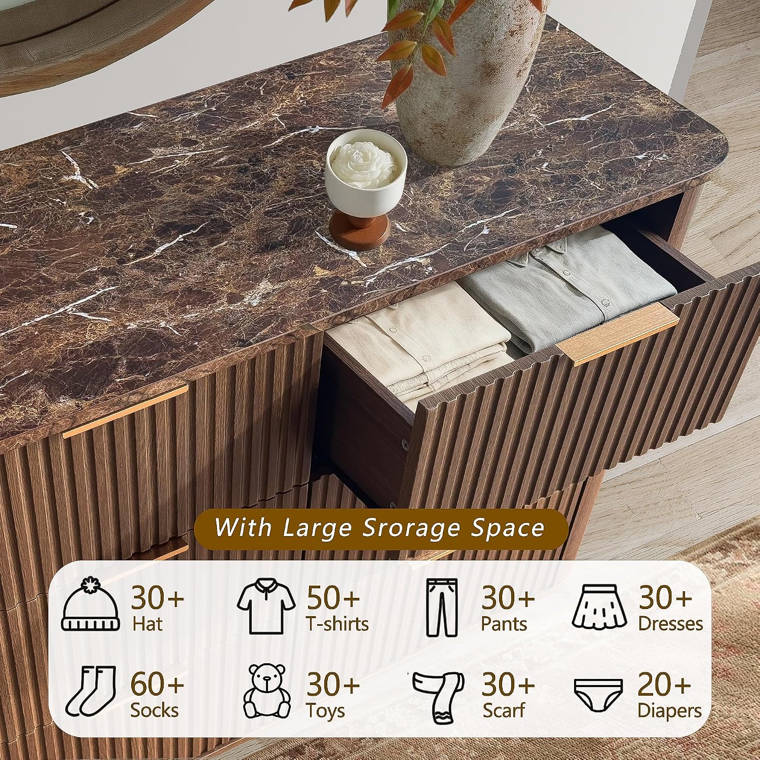 win2win 6 Drawer Dresser, Mid Century Modern Dresser with Storage, 47' Wide Fluted Chest of Drawers with Faux Marble Top, Dressers TV Stand, Drawers Organizer for Bedroom, Living Room, Hallway, Walnut