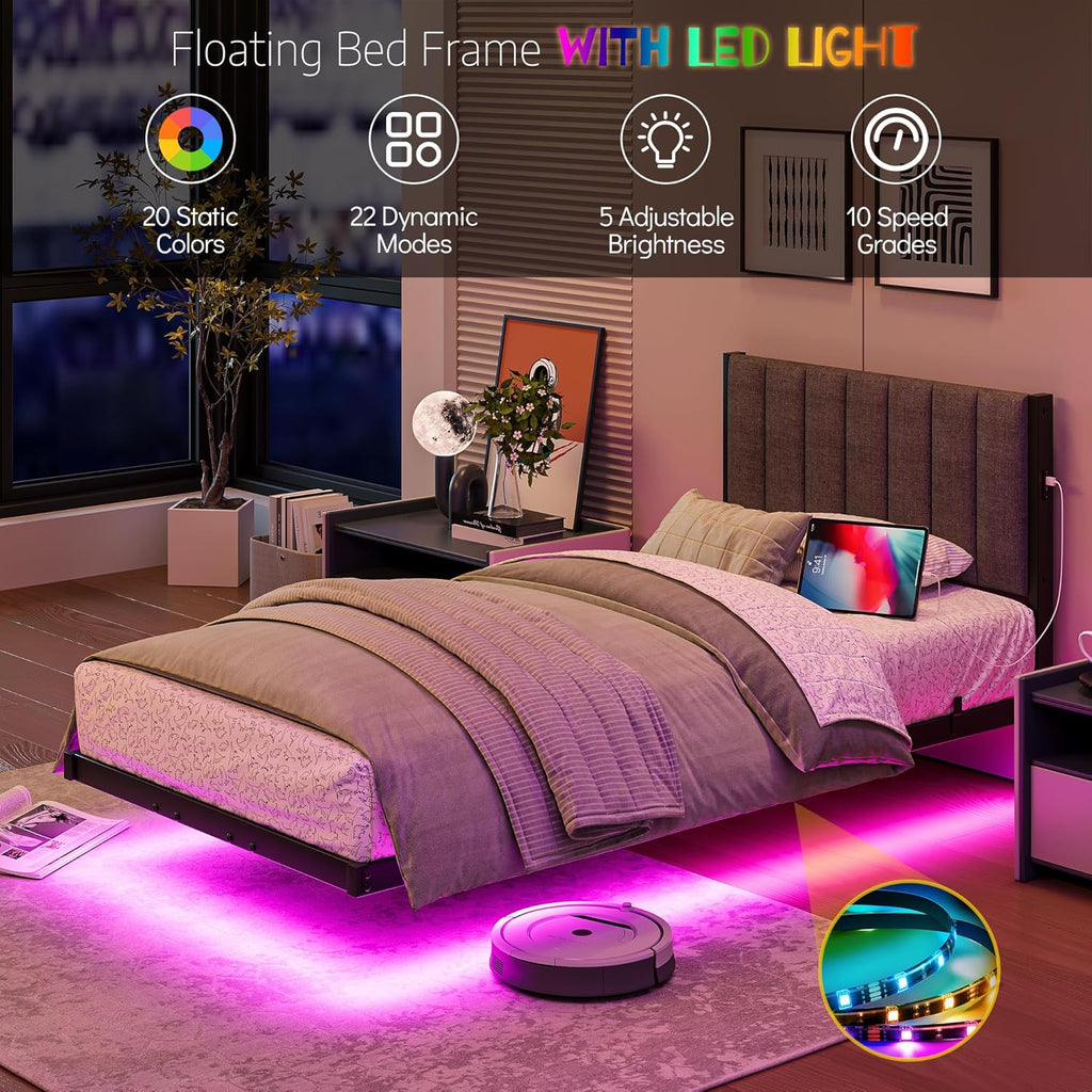 Floating Twin Bed Frame with LED Lights & USB Charging Station,Metal Platform Bed with Strong Slats Support,Floating Bed Frame Twin Size with Upholstered Headboard,Easy Assembly,Noise Free,Gray
