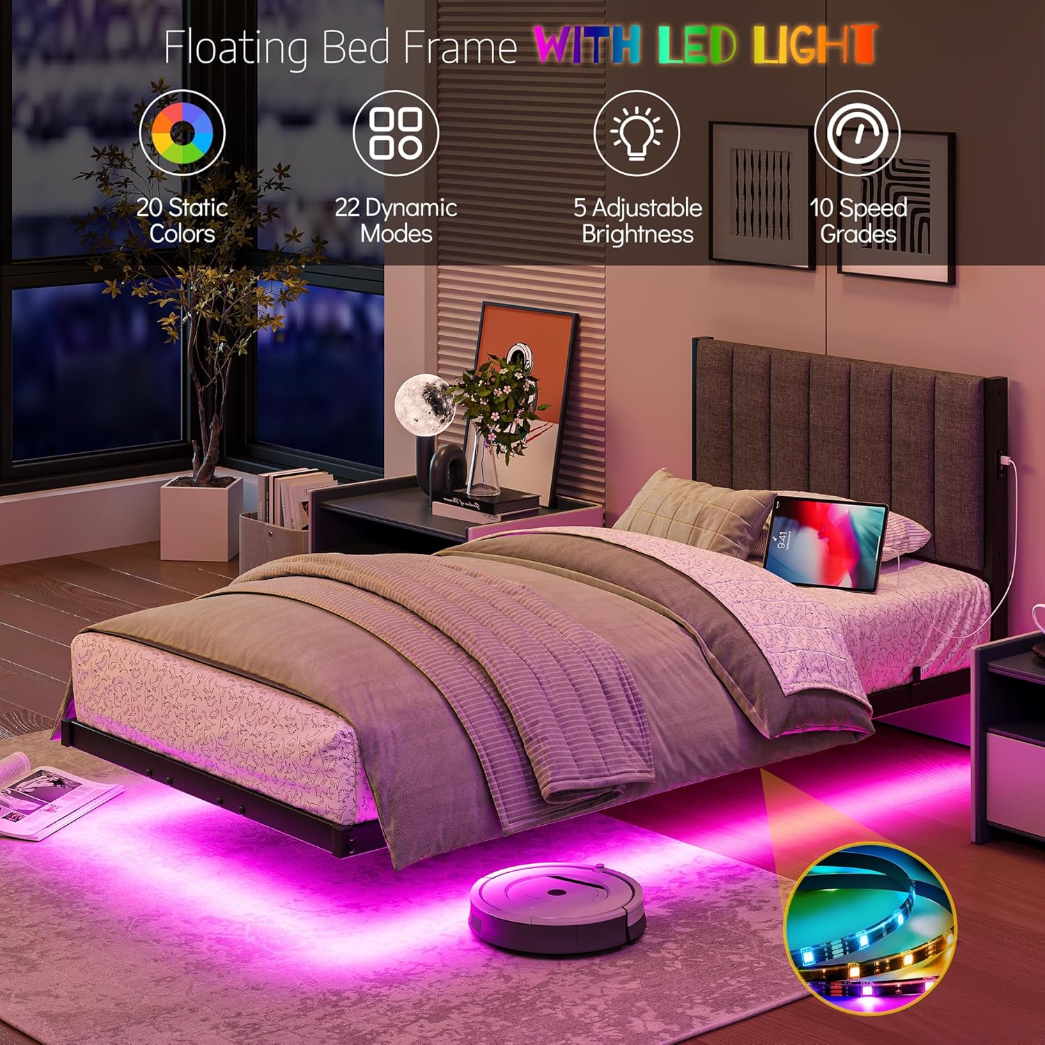 Floating Twin Bed Frame with LED Lights & USB Charging Station,Metal Platform Bed with Strong Slats Support,Floating Bed Frame Twin Size with Upholstered Headboard,Easy Assembly,Noise Free,Gray