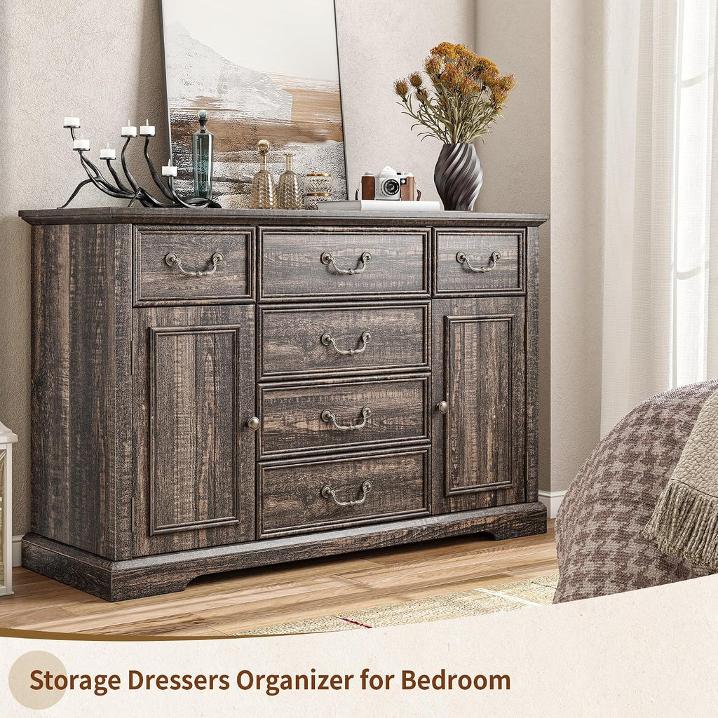Homkdom Farmhouse Dresser – 6 Drawers & 2 Doors for Bedroom Storage Dresser Sturdy Build & Smooth Silent Slides，Dark Rustic Oak
