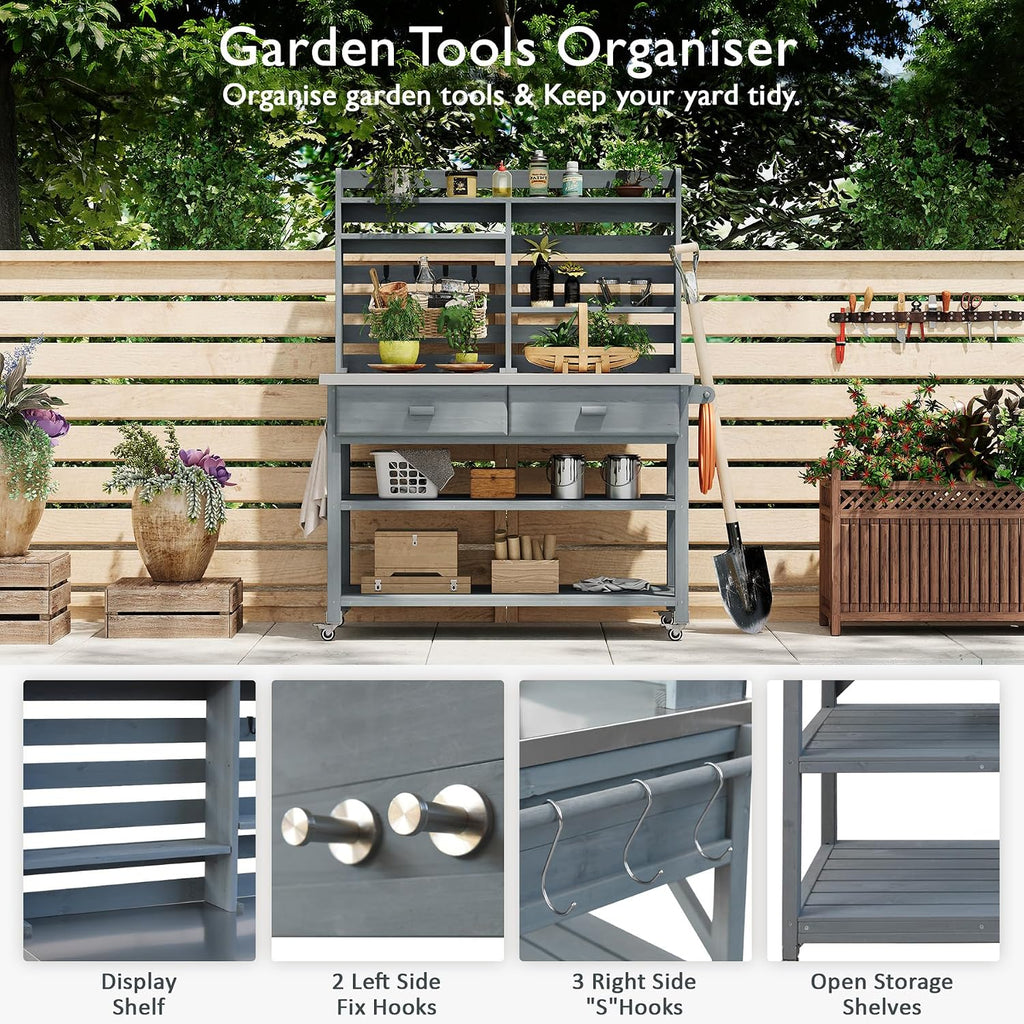 65' H Outdoor Potting Bench Table with Lockable Wheels, Wood Large Outdoor Kitchen Island Prep Station with Stainless Steel Top Waterproof Cover & Towel Rack for Outside Garden, Patio
