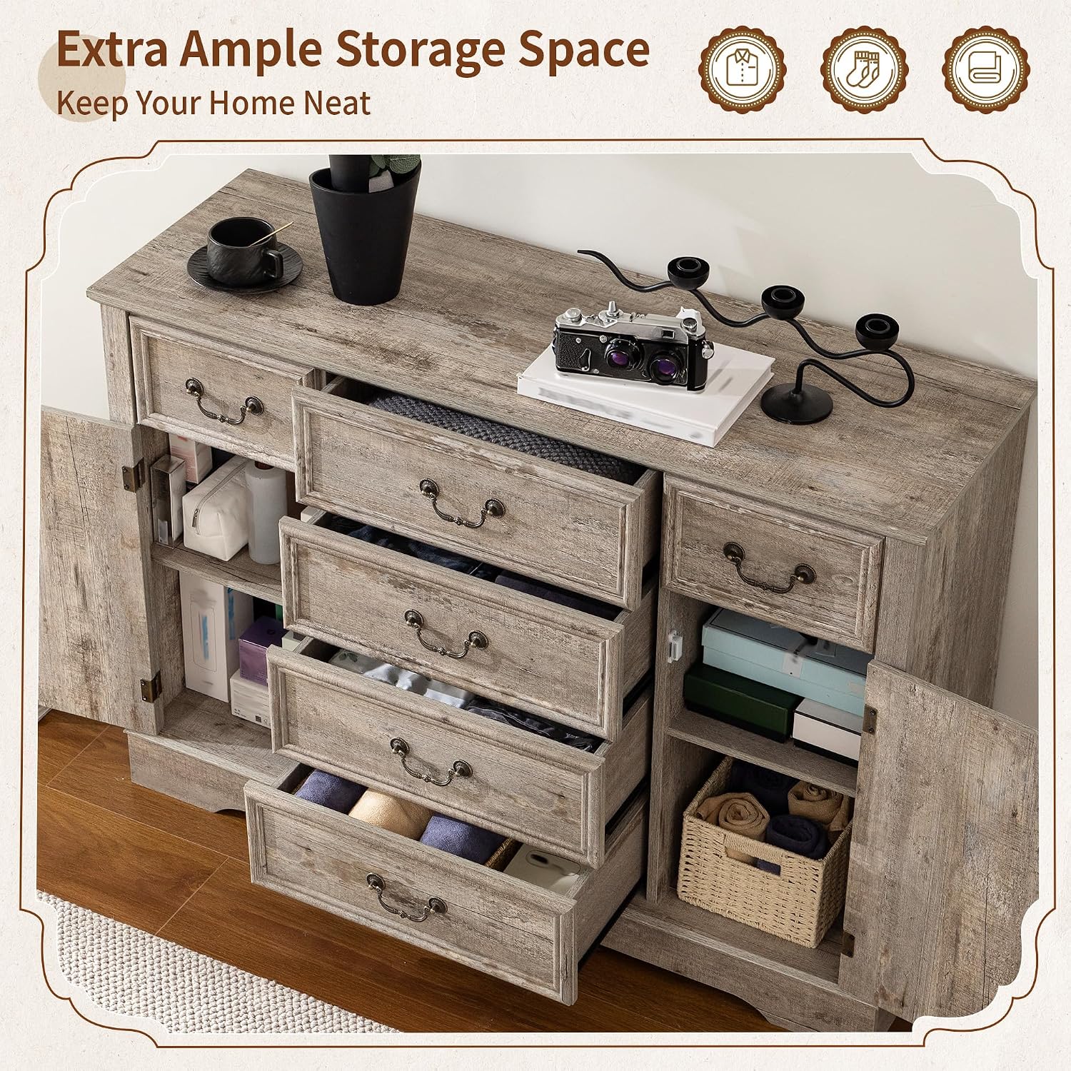 Homkdom Dresser for Bedroom with 6 Drawers & 2 Doors with Silent Gliding Drawers for Bedroom,Dining Room, Hallway,Grey