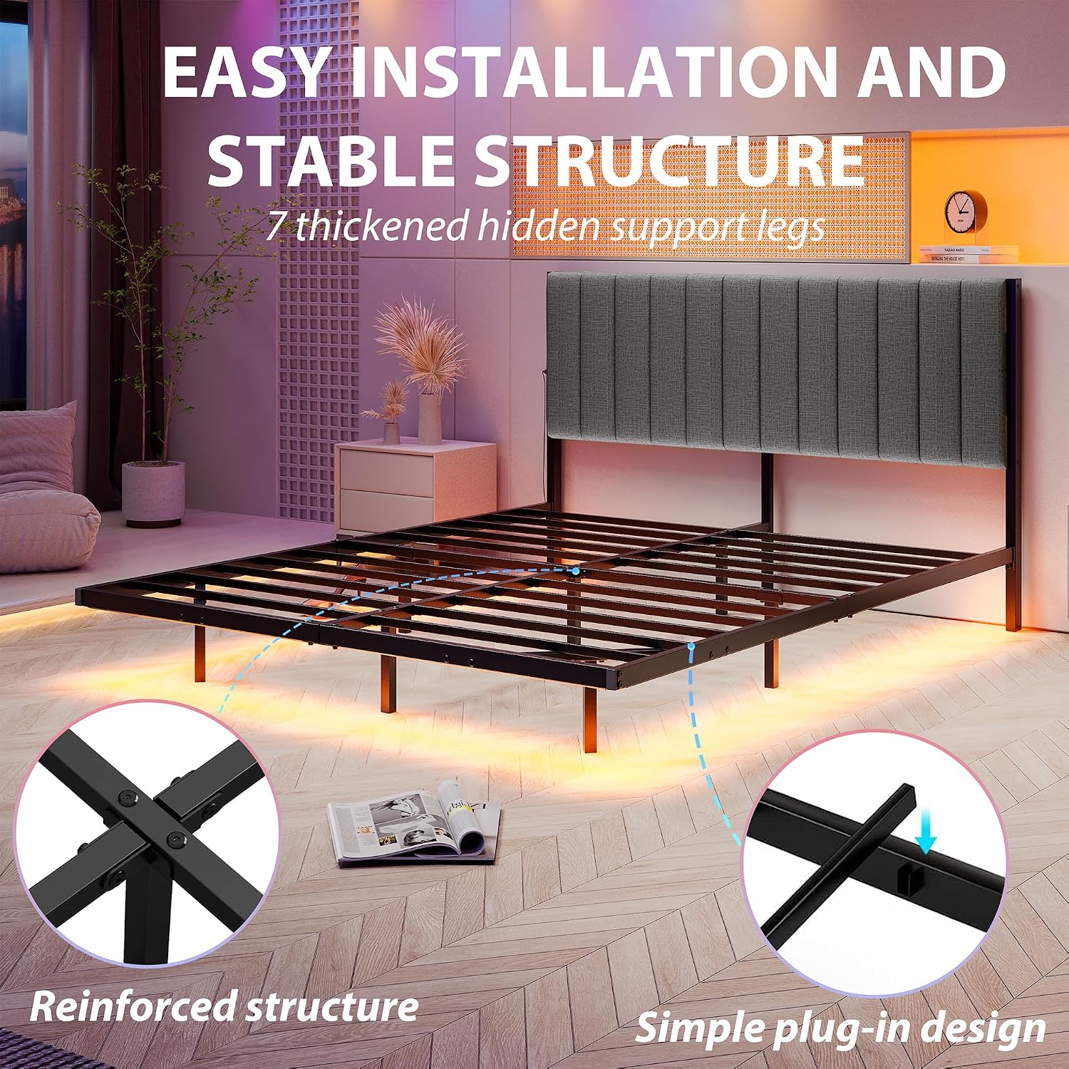 Floating Queen Bed Frame with LED Lights & Charging Station,Modern Metal Platform Bed Frame Queen Size with Upholstered Headboard,No Box Spring Needed,Heavy Duty Steel Slats,Easy Assembly,Noise Free