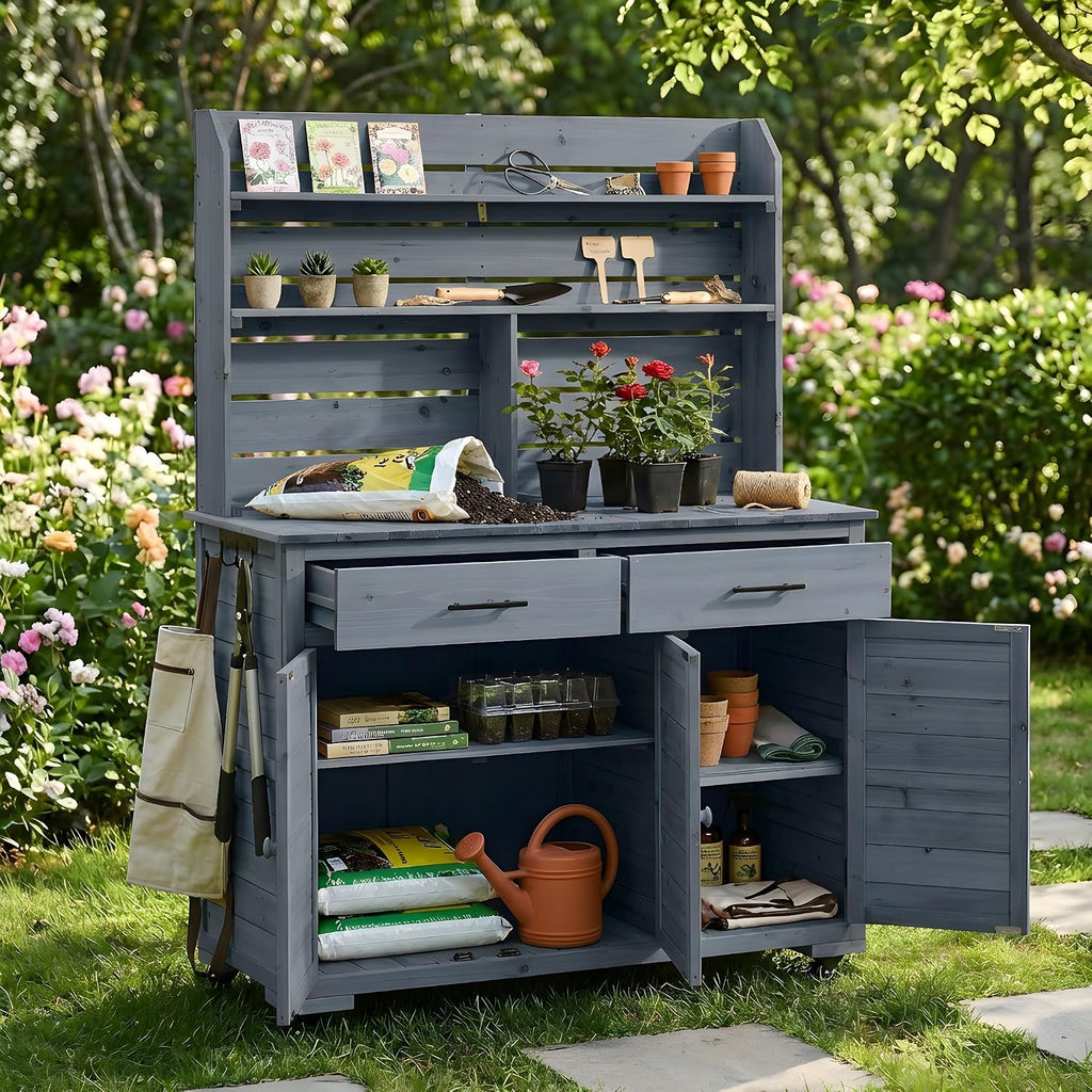 65''H Large Garden Potting Bench with Lockable Wheels and Storage,Wood Outdoor Kitchen Island Prep Cart with Hutch Top,Drawers and Removal Shelves for Grilling (Gray-LG)