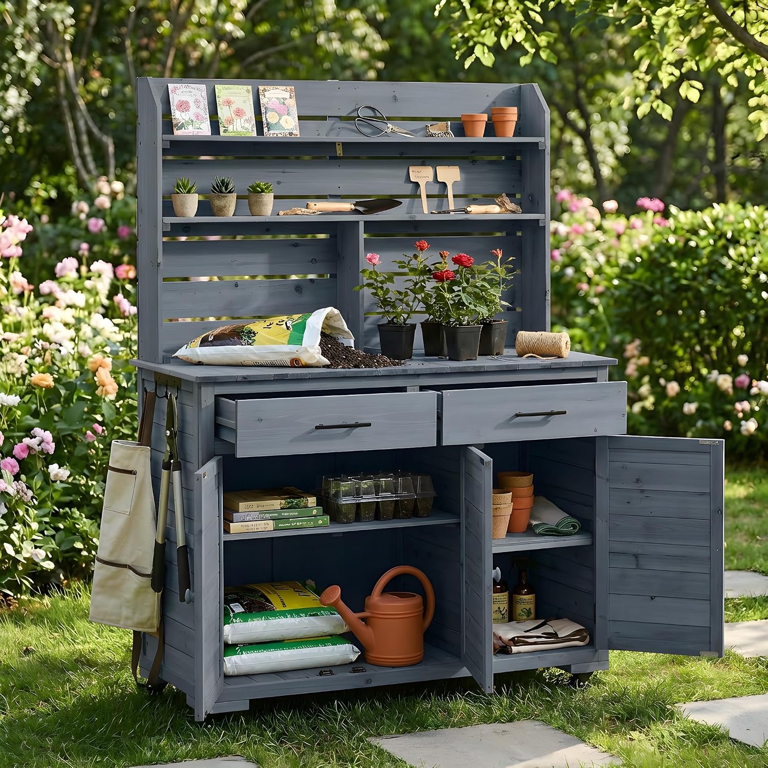 65''H Large Garden Potting Bench with Lockable Wheels and Storage,Wood Outdoor Kitchen Island Prep Cart with Hutch Top,Drawers and Removal Shelves for Grilling (Gray-LG)