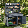 LUMISOL Garden Storage Potting Bench with Lockable Wheels, 65'' H Patio Workstation with Hutch Top, Outdoor Kitchen Island with Drawers, Removal Shelves, and Storage Cabinets, for Grilling, Gray
