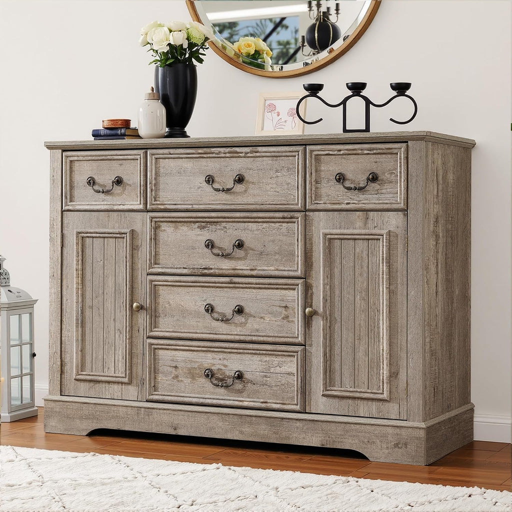 Homkdom Dresser for Bedroom with 6 Drawers & 2 Doors with Silent Gliding Drawers for Bedroom,Dining Room, Hallway,Grey