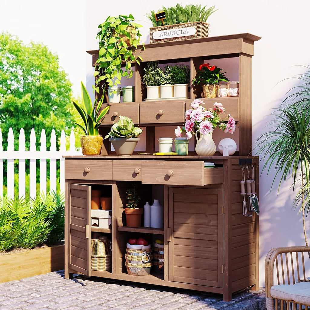 JIJIWANG 65.7'' H Tall Garden Potting Bench Table with Hutch,Patio Storage Workstation with 3 Shelves,6 Drawers,2 Bottom Cabinets&Side Hooks for Mudroom,Doorway, Brown