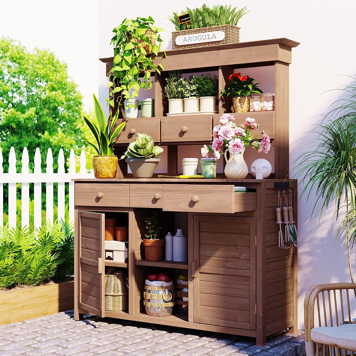 JIJIWANG 65.7'' H Tall Garden Potting Bench Table with Hutch,Patio Storage Workstation with 3 Shelves,6 Drawers,2 Bottom Cabinets&Side Hooks for Mudroom,Doorway, Brown