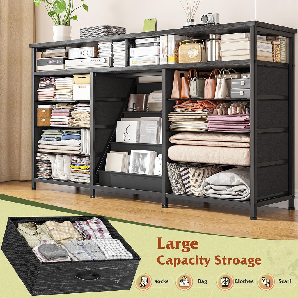 EnHomee 55 ' W Dresser for Bedroom with Bookrack & 8 Fabric Drawers, Dresser TV Stand with Power Outlet & LED Lights for 65 Inch TV, Chest of Drawers for Cabinet, Entryway, Charcoal Black