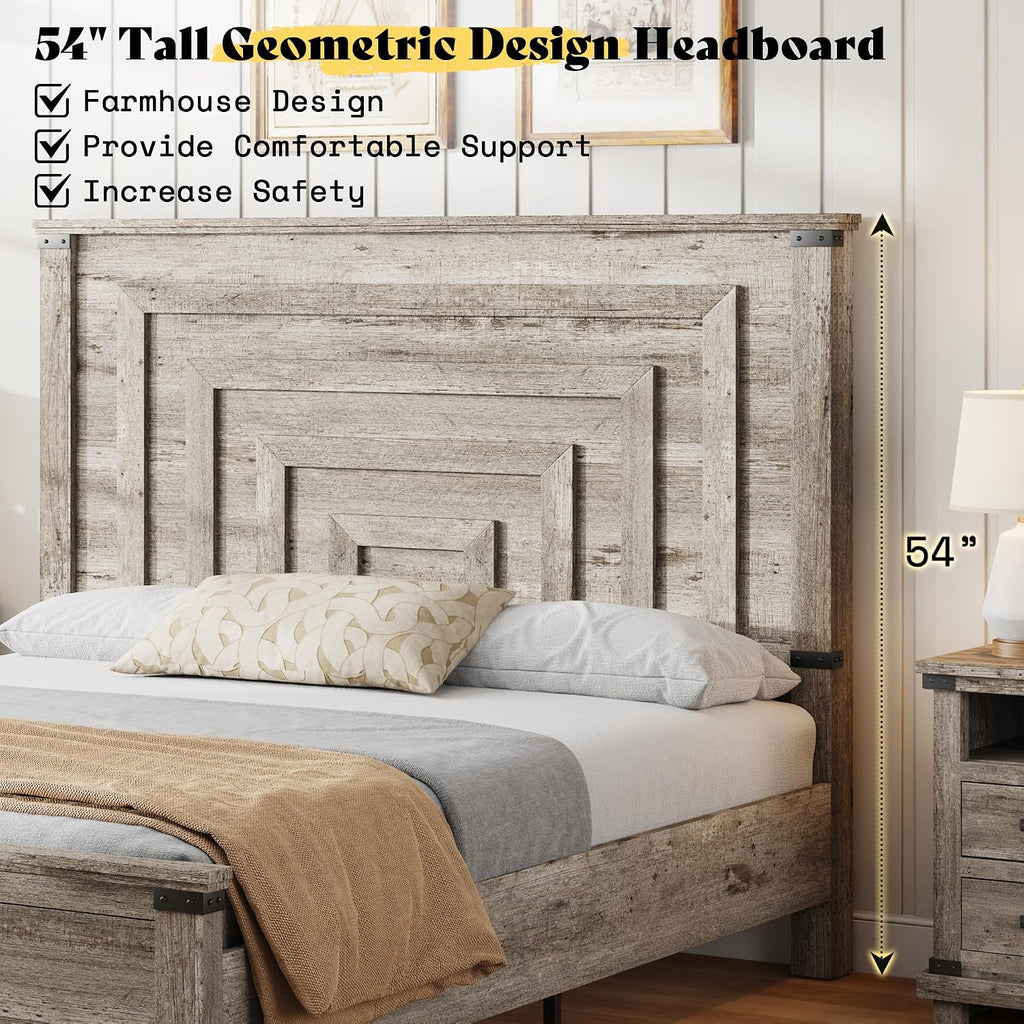 AMERLIFE Farmhouse Queen Bed Frame with 54' Tall Geometric Headboard & Footboard, Rustic Wood Platform Bed Frame with Large Storage Drawers, Wood Slats Support, No Box Spring Needed, Rustic Grey