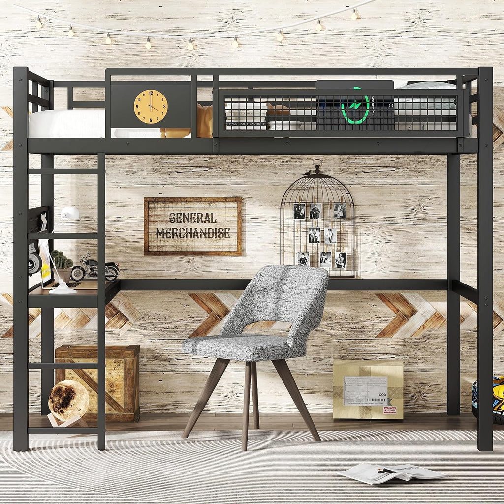 Bellemave Twin XL Size Metal Loft Bed with Desk and Side Clock,Heavy Duty Loft Bed Frame with Charging Station and Pegboard for Kids,Teens,Adults,Twin XL Size,Black