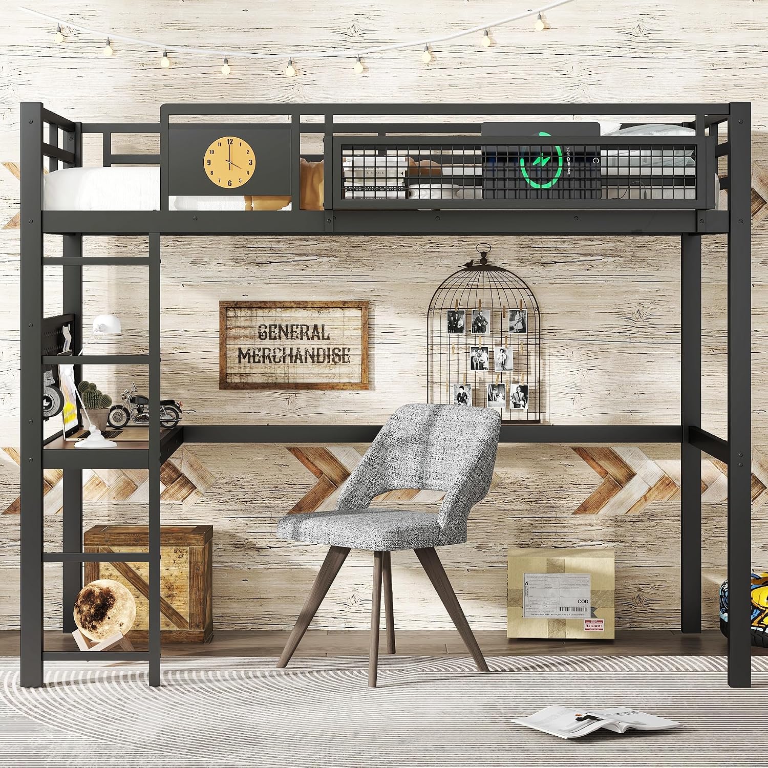 Bellemave Twin XL Size Metal Loft Bed with Desk and Side Clock,Heavy Duty Loft Bed Frame with Charging Station and Pegboard for Kids,Teens,Adults,Twin XL Size,Black