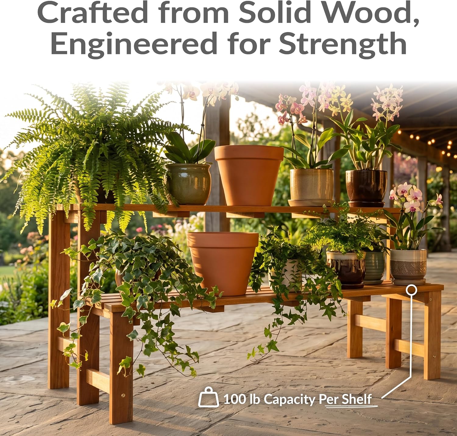 Sunnydaze 2-Tier Meranti Wood Plant Stand for Indoor and Outdoor Use - Garden Shelf with Teak Oil Finish for Patio, Porch, Balcony, and Living Room - Heavy Duty 100 lb Per Level Capacity - 47 in