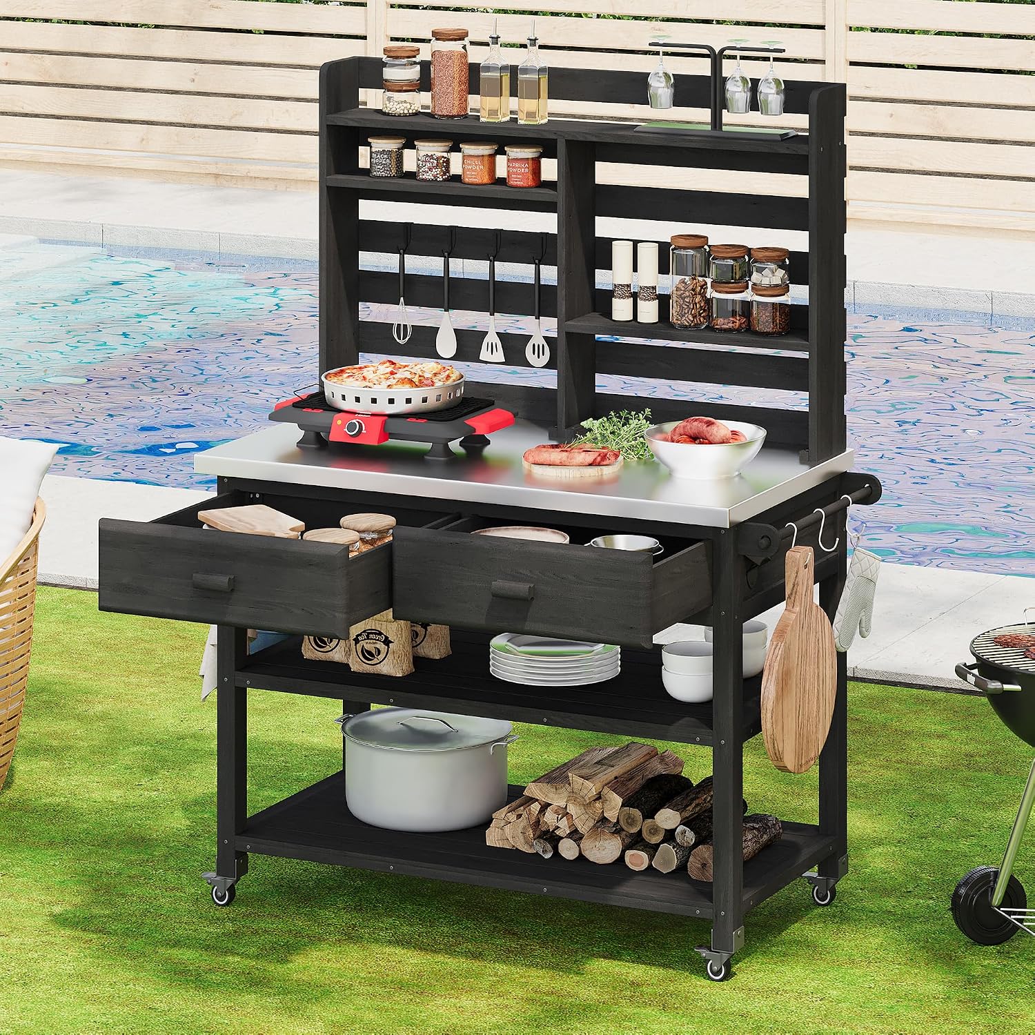 64.9' Outdoor Potting Bench with Lockable Wheels, Stainless Steel Top, Fir Wood Garden Work Table with Drawers, Shelves and Upper Hutch for Patio, Lawn and Garden, Black