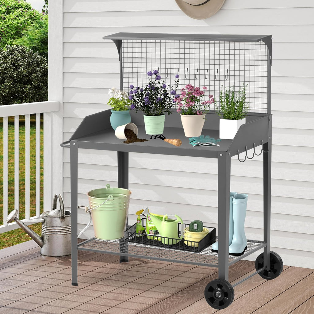 DDK Outdoor Metal Potting Bench with Wheels & Hooks, Wire Rack, Dark Gray | Rustproof Metal, Raised-Edge Worktop, Trellis Top Shelf, 4 Side Hooks, Wire Bottom Shelf