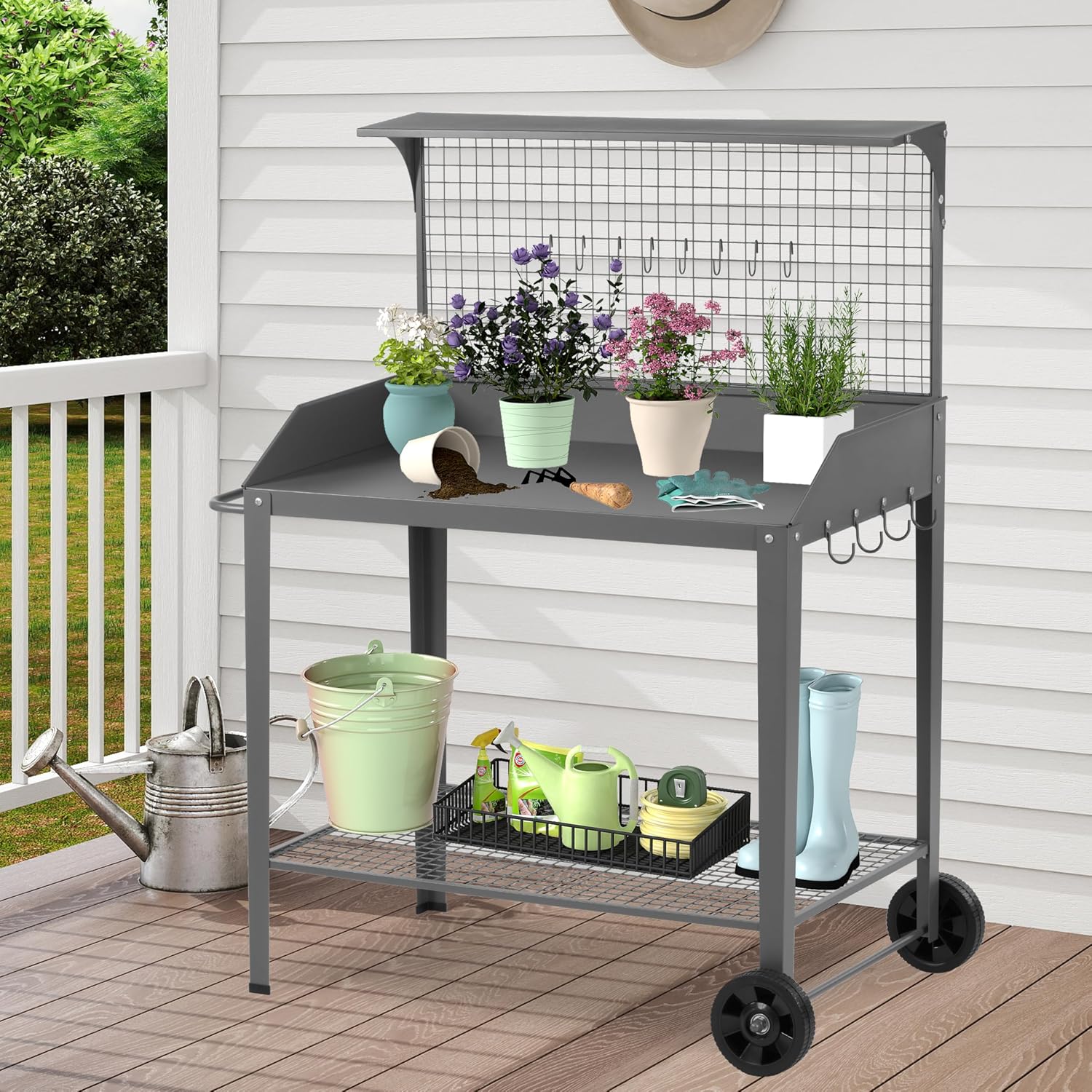 DDK Outdoor Metal Potting Bench with Wheels & Hooks, Wire Rack, Dark Gray | Rustproof Metal, Raised-Edge Worktop, Trellis Top Shelf, 4 Side Hooks, Wire Bottom Shelf