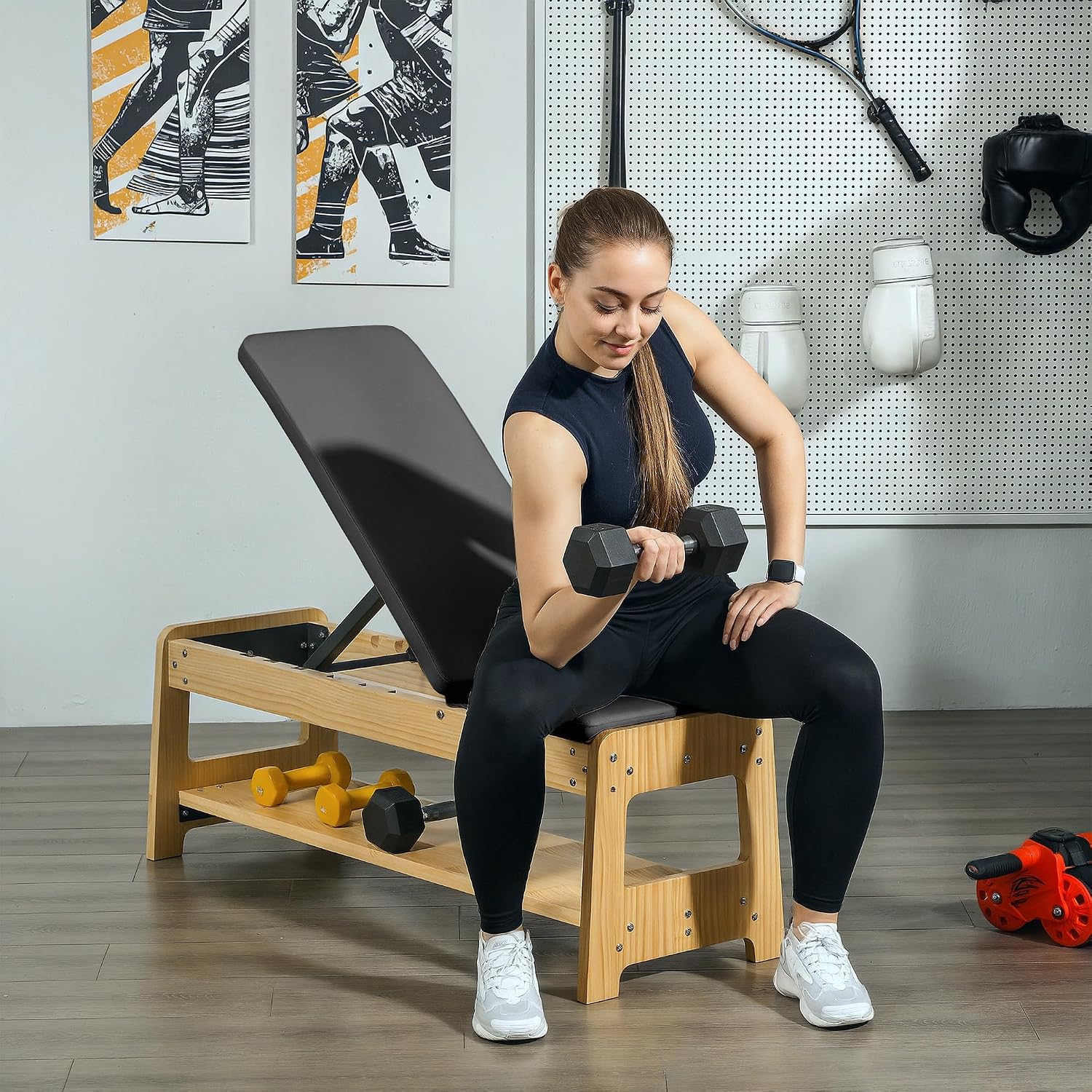 Soozier Adjustable Weight Bench with Dumbbell Rack, Wooden Workout Bench, Flat or Incline Bench for Home Gym Weight Lifting Training