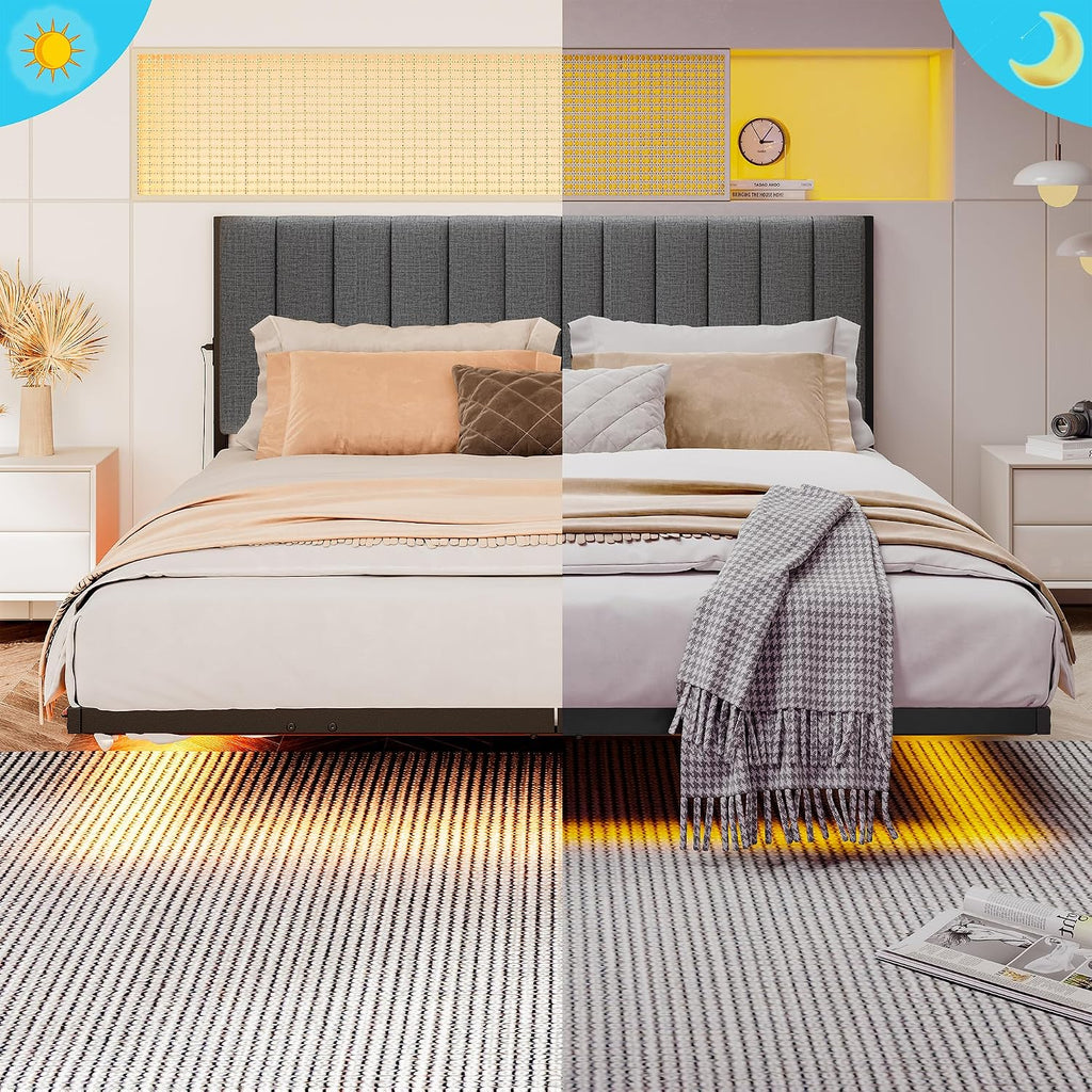 Floating Queen Bed Frame with LED Lights & Charging Station,Modern Metal Platform Bed Frame Queen Size with Upholstered Headboard,No Box Spring Needed,Heavy Duty Steel Slats,Easy Assembly,Noise Free