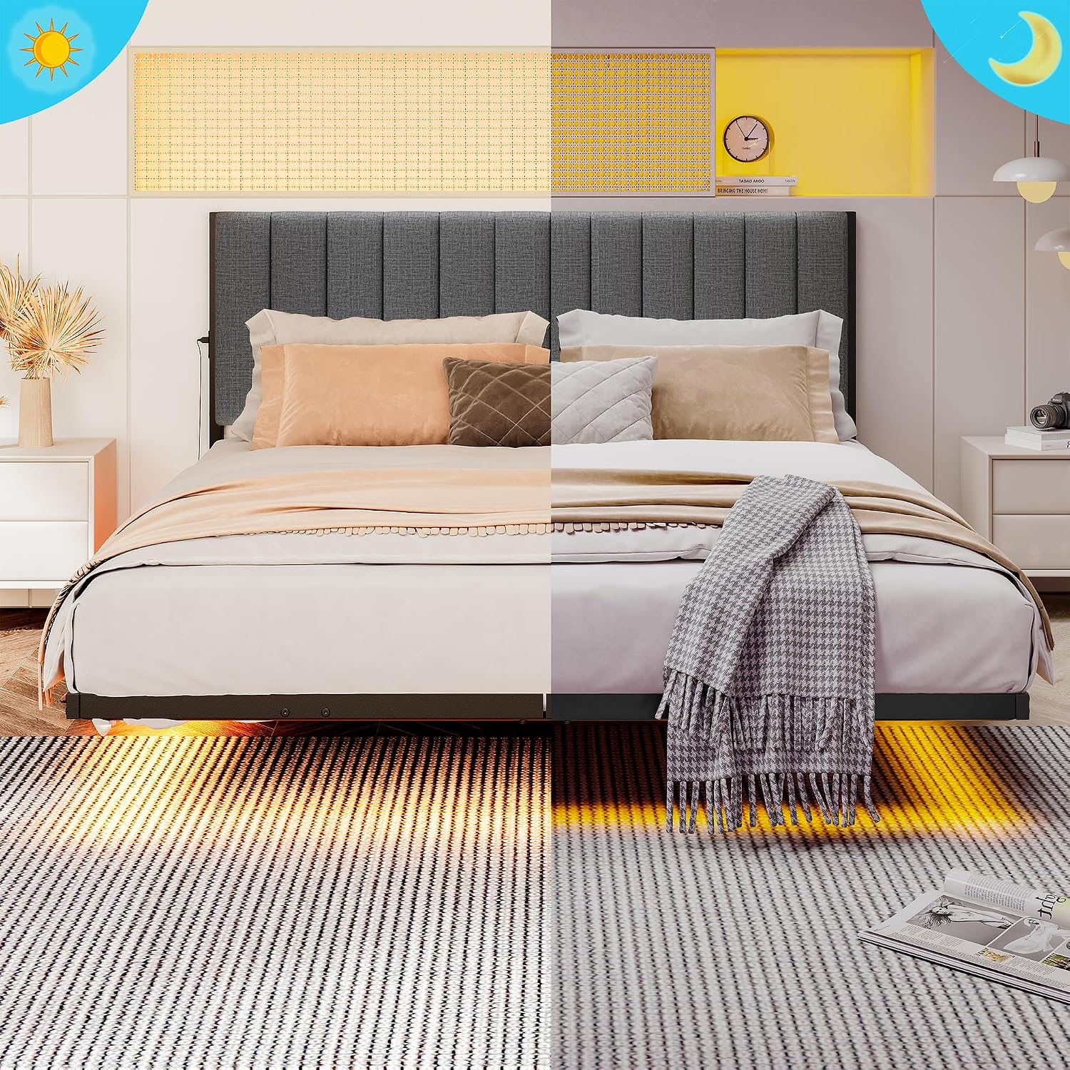 Floating Queen Bed Frame with LED Lights & Charging Station,Modern Metal Platform Bed Frame Queen Size with Upholstered Headboard,No Box Spring Needed,Heavy Duty Steel Slats,Easy Assembly,Noise Free