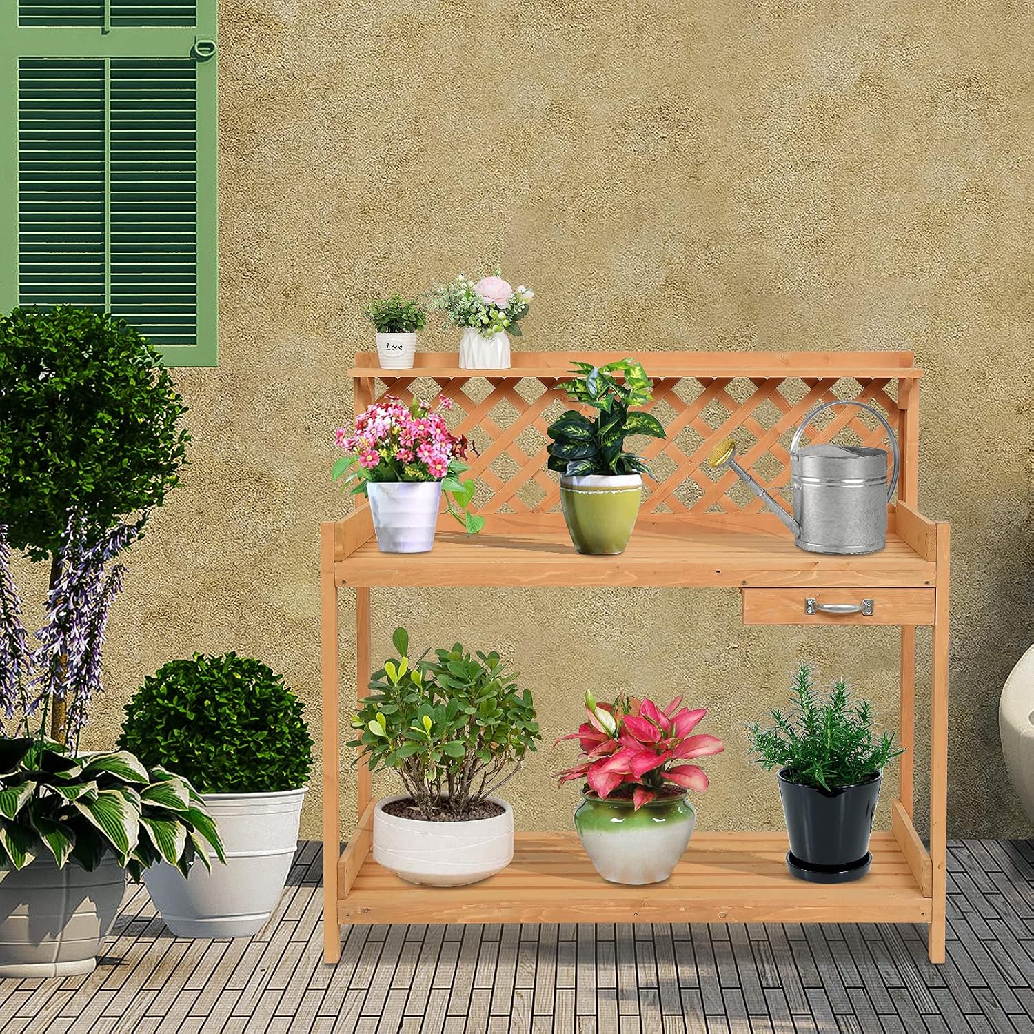 Outdoor Garden Potting Bench, Wooden Workstation Table w/Cabinet Drawer, Open Shelf, Lower Storage