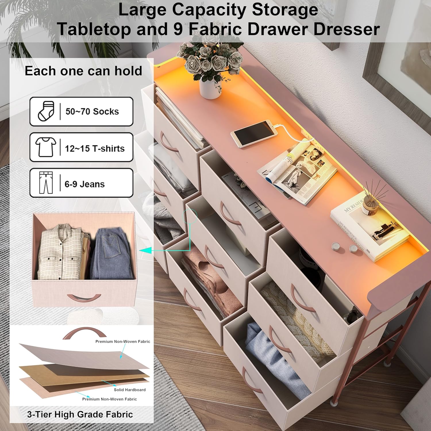 EXOTICA Pink Dresser with LED Light for Girls Bedroom 9 Drawer Dressers with Charging Station Chests of Drawers for Living Room Entryway Closet Hallway Sturdy Steel Frame Wooden Top Easy Pull Handle