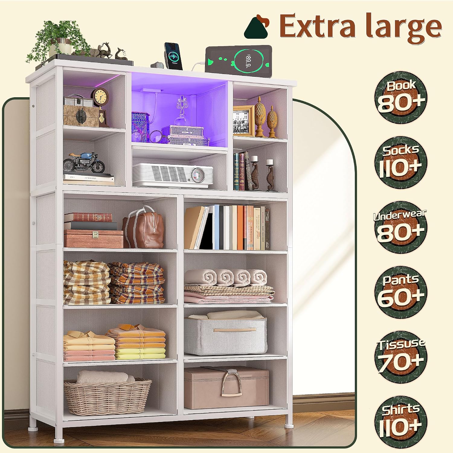 Romorgniz Dresser for Bedroom with 13 Fabric Drawers, White Dresser with LED and 4 Charging Ports and Open Shelves, 47''H Chest of Drawers for Entryway, Hallway