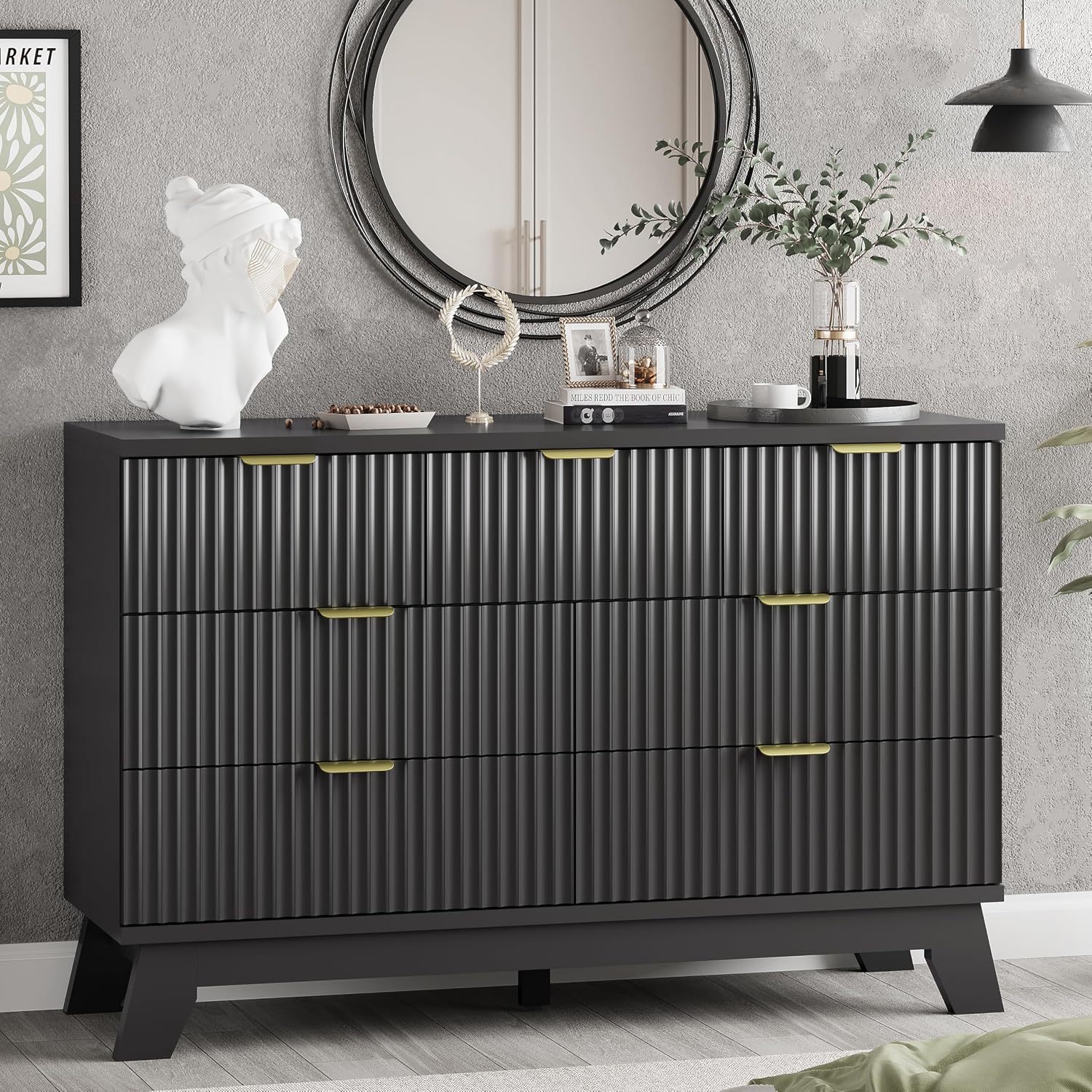 Xixini Fluted Dresser for Bedroom with 7 Drawers, 48' Wide Chest of Drawers with Metal Handle, Modern Wood Dresser TV Stand, Wooden Closet Clothes Storage Organizer for Living Room, Hallway, Black