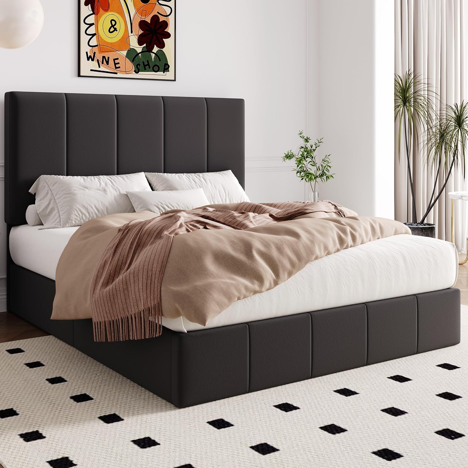 Allewie Full Size Velvet Lift Up Storage Bed Frame, Vertical Channel Tufted Headboard, Hydrualic Underneath Storage, Upholstered Platform Bed, Wooden Slats Support, No Box Spring Needed, Black