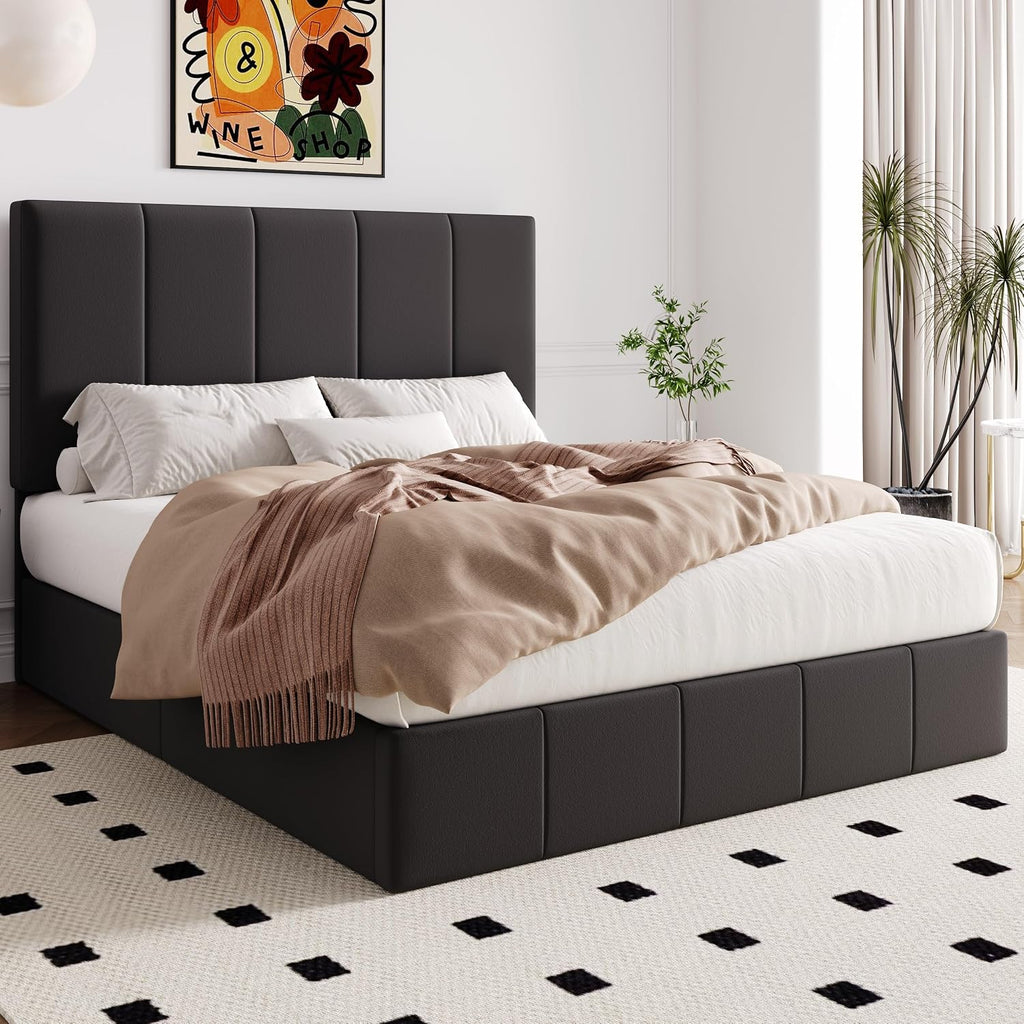 Allewie Queen Size Velvet Lift Up Storage Bed Frame, Vertical Channel Tufted Headboard, Hydrualic Underneath Storage, Upholstered Platform Bed, Wooden Slats Support, No Box Spring Needed, Black