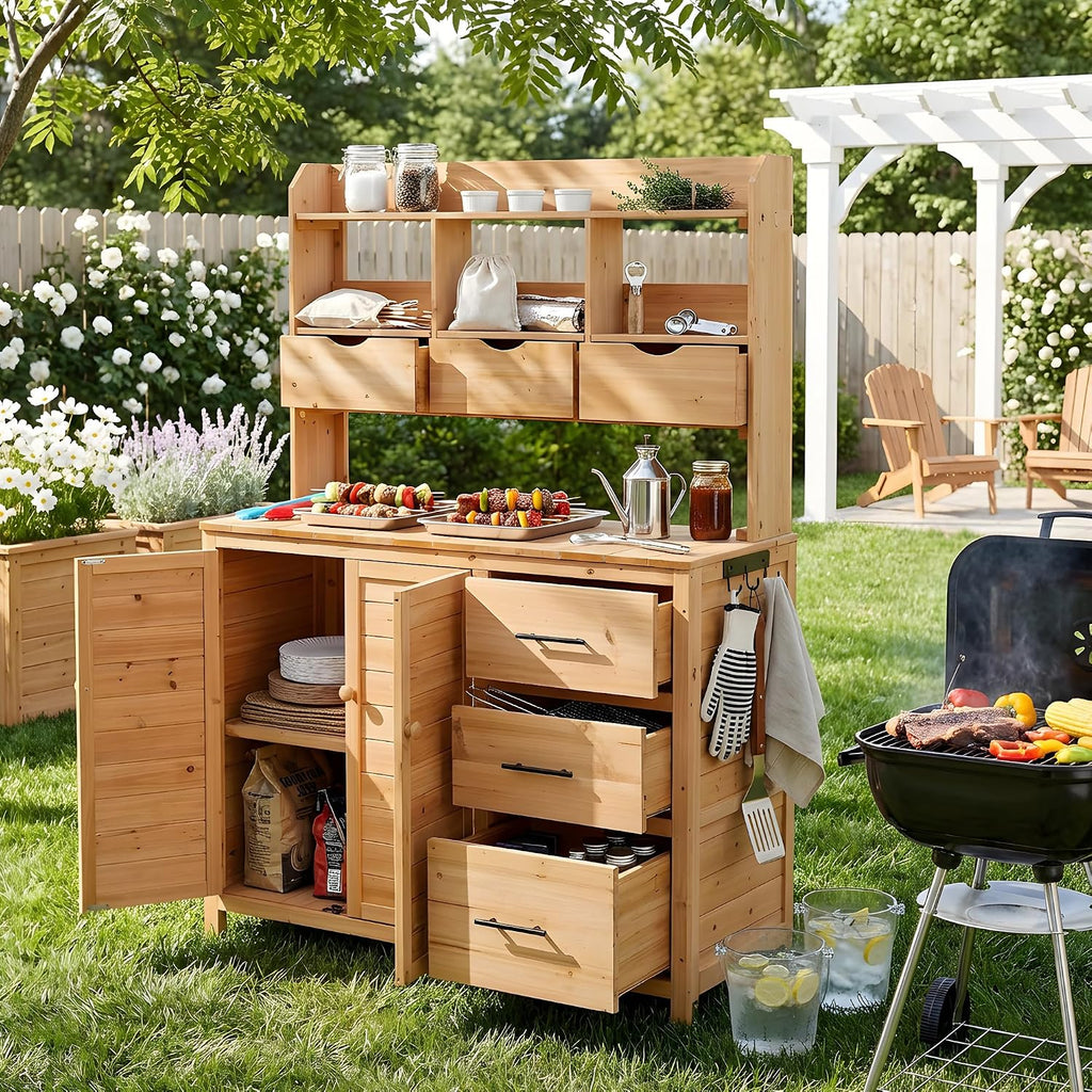 Farmhouse Patio Potting Bench,Large Freestanding Garden Workstation with 6 Drawers, Bottom Storage and Side Hook,Outdoor Kitchen Island (Natural-s-)