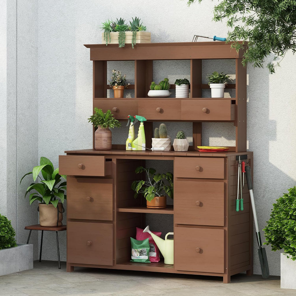 Rustic Design Garden Potting Bench Table with 3 Tiers Shelf and Ample Drawers, Large Gardening Workstation with Fir Wood Frame for Outdoor Space