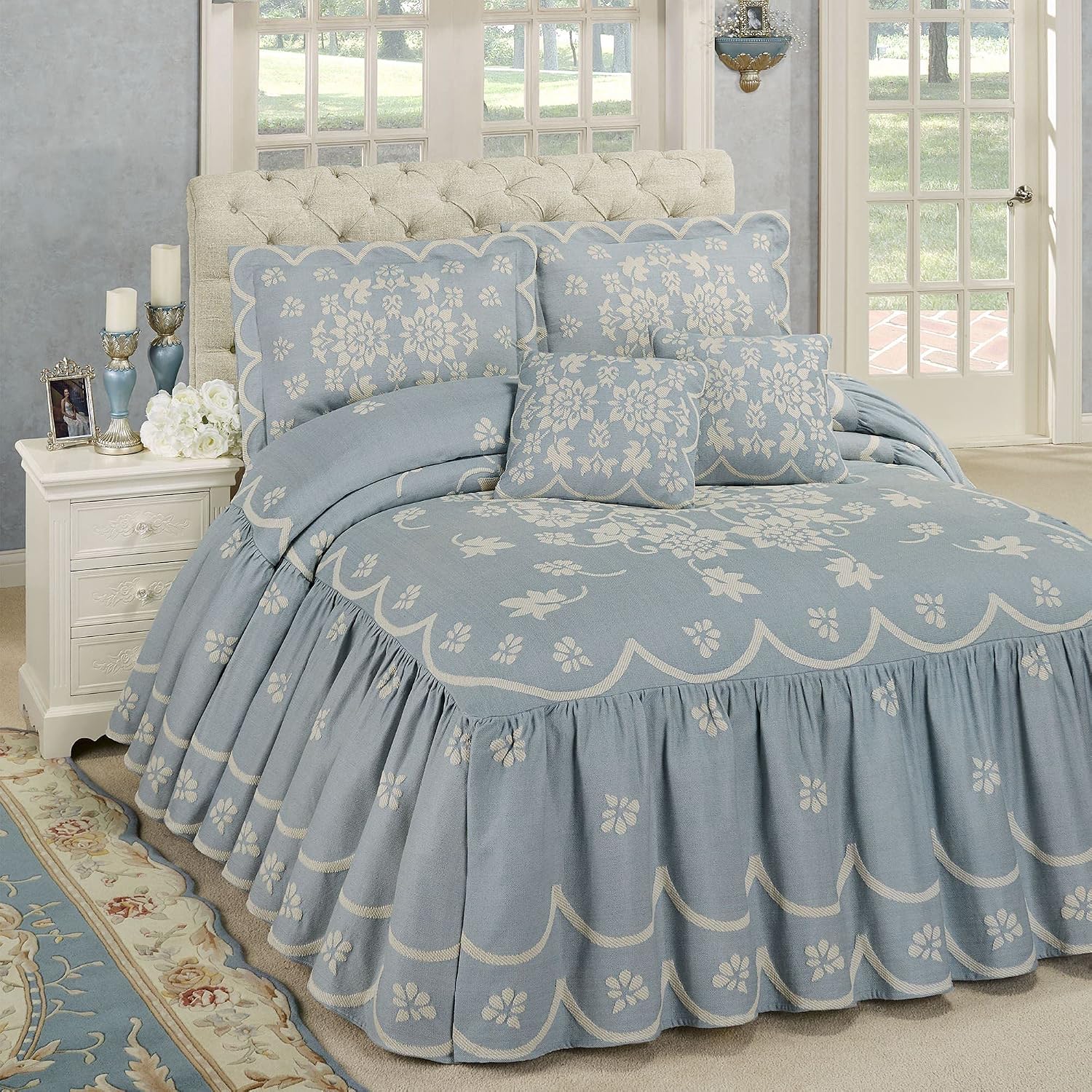 Touch of Class Romantic Floral Primrose Oversized Grande Sterling Blue Flounce Style Bedspread Set - Full Size - Vintage Cottage Bedspreads - Victorian Aesthetic - 24 Inch Drop - Machine Washable