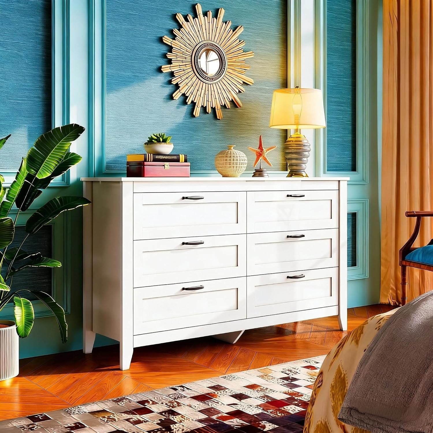 WLIVE White Dresser for Bedroom, 6 Drawer Wood Dresser with Metal Handle, Large Double Wooden Chest of Drawers for Living Room, Hallway, Closet