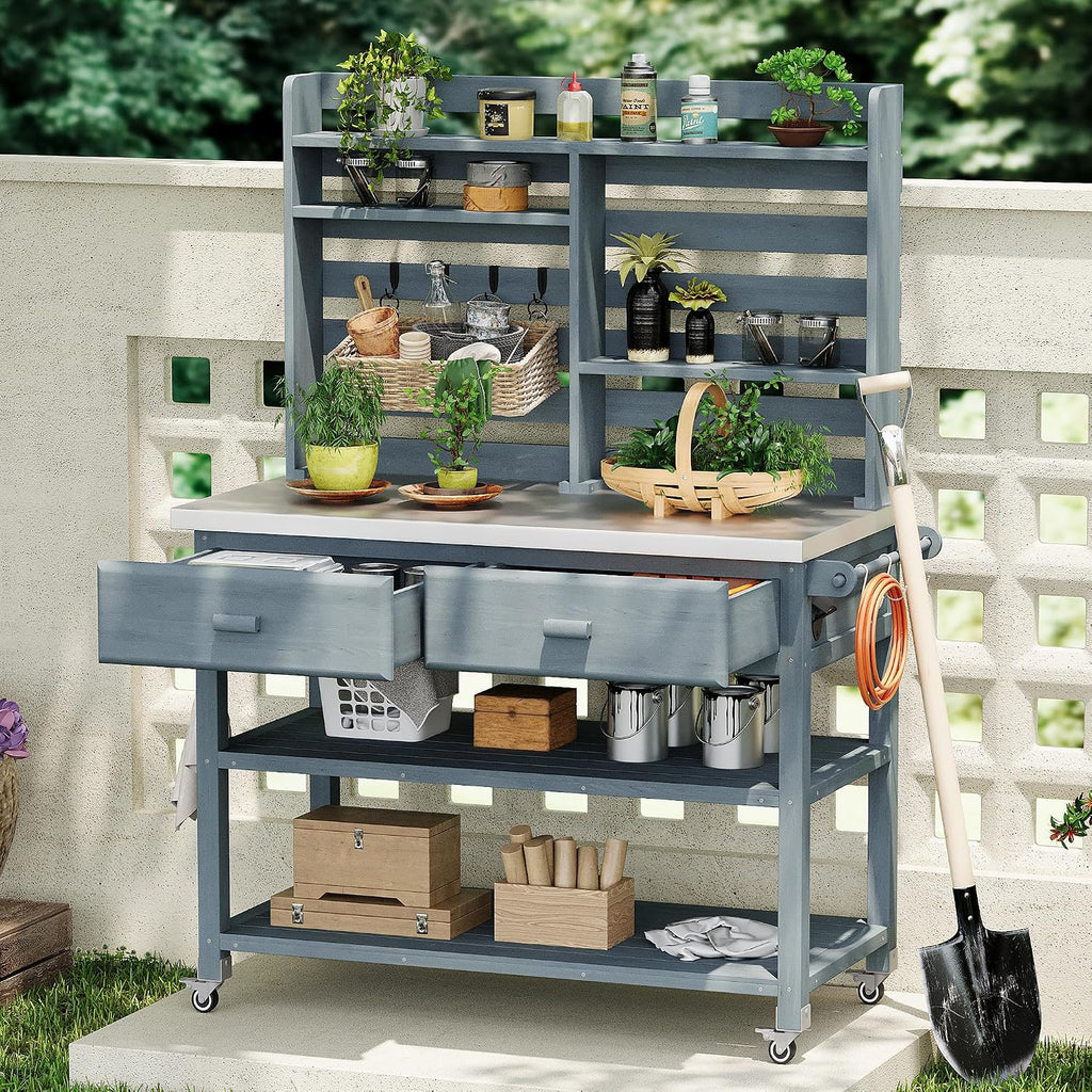 Harper & Bright Designs Outdoor Potting Bench Table, Solid Wood Kitchen Island with Drawer and Shelf, Lawn Garden, 64.9' H, Grey Blue