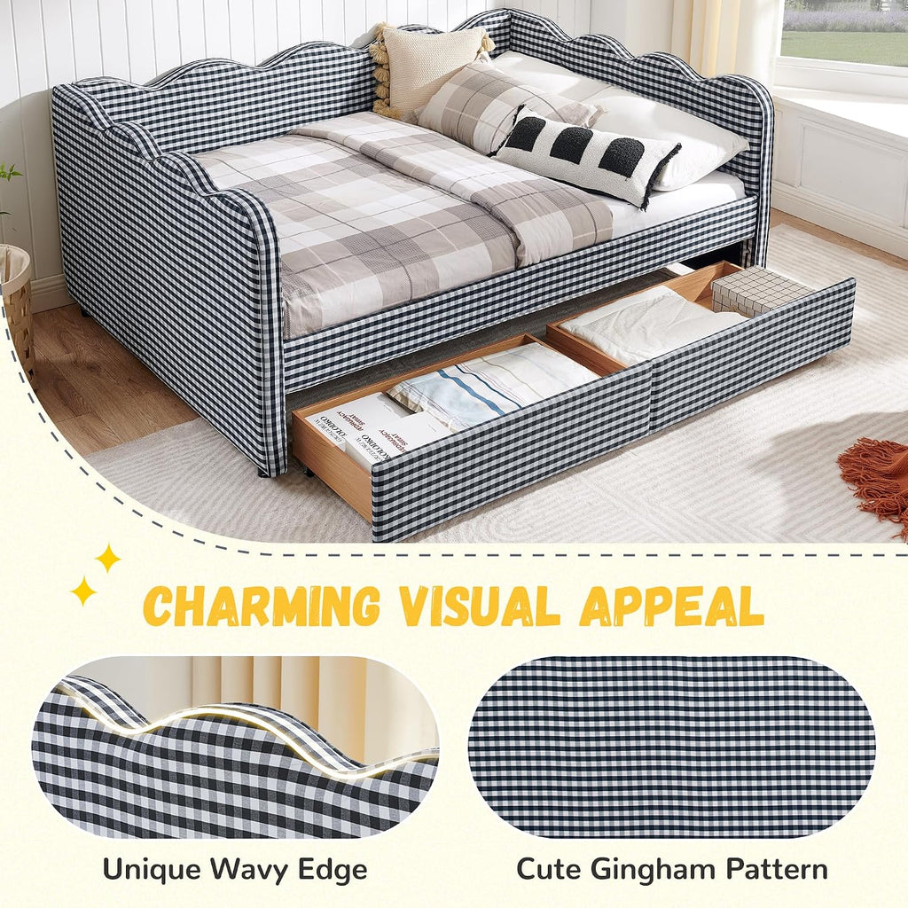 DEINPPA Full Size Upholstered Daybed with 2 Storage Drawers, Gingham Daybed with USB Ports for Bedroom Living Room Guest Room-Navy