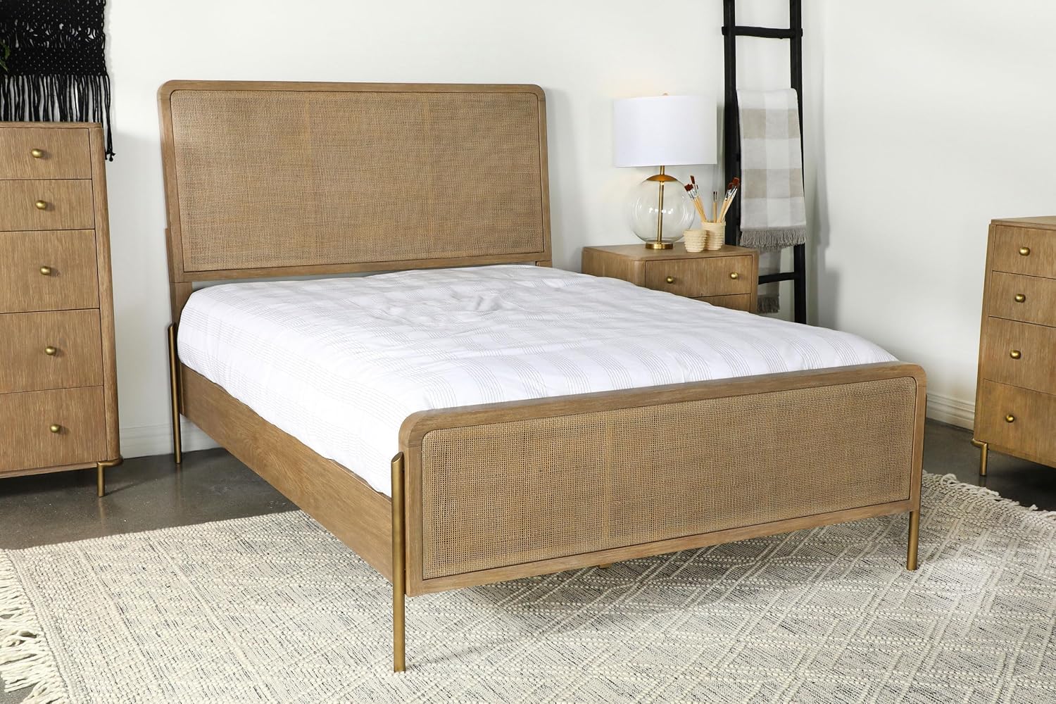 Coaster Home Furnishings - Arini - Wood - Rattan Queen Panel Bed with Woven Cane, Metal Tube Legs, and Tall Headboard - Bedroom - Sand Wash and Natural Cane - 224300Q