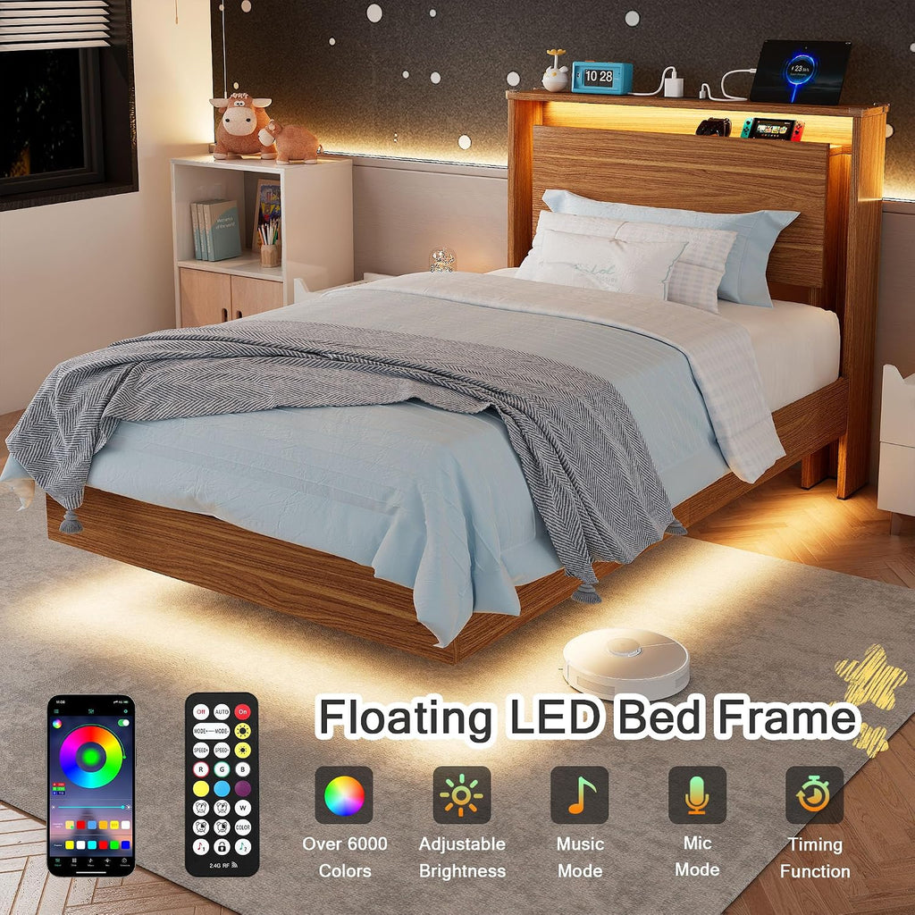 Einhomn Twin Bed Frame with Storage Headboard & LED Lights – Wood Floating Bed Frame with Charging Station, Non-Slip Slat, Kick-Free & Noise-Free Design, Easy Assembly, Walnut
