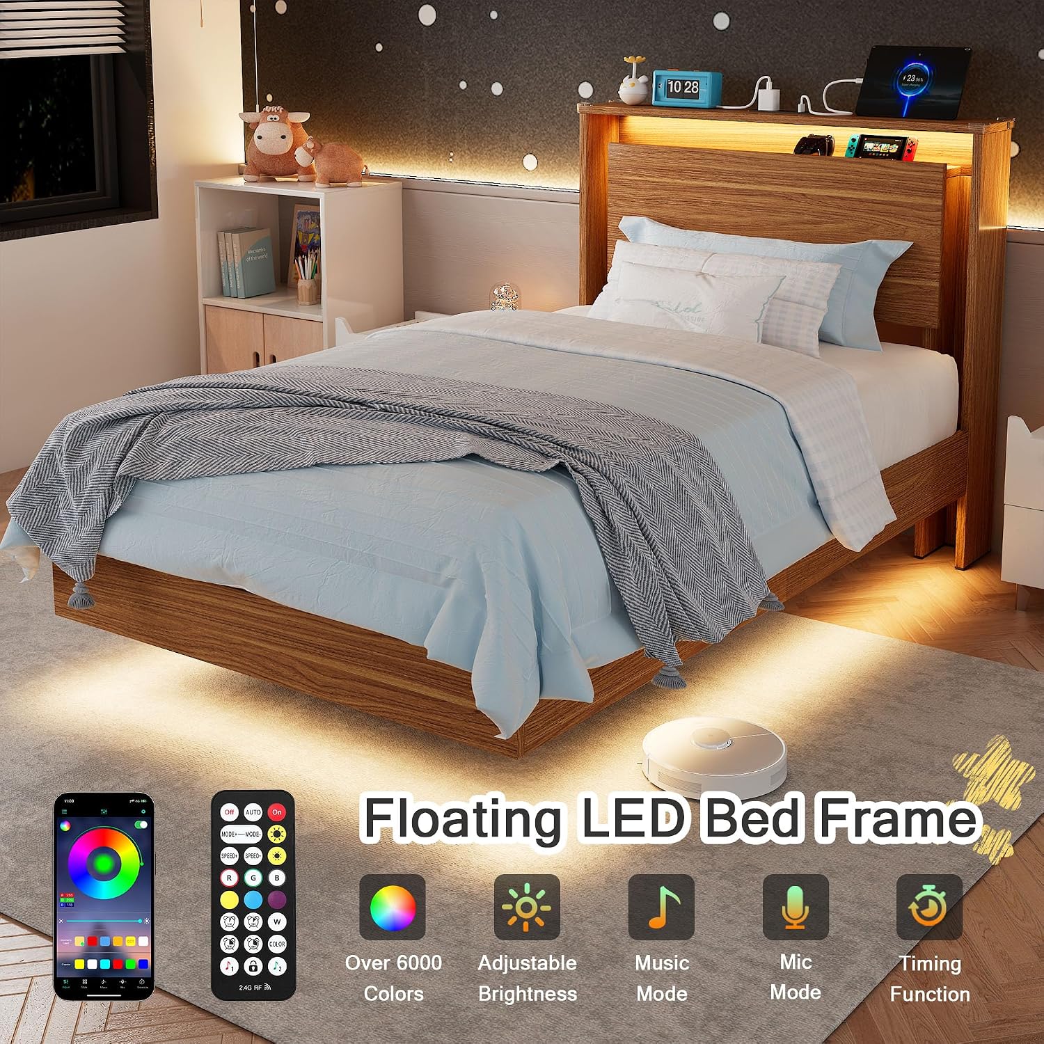 Einhomn Twin Bed Frame with Storage Headboard & LED Lights – Wood Floating Bed Frame with Charging Station, Non-Slip Slat, Kick-Free & Noise-Free Design, Easy Assembly, Walnut